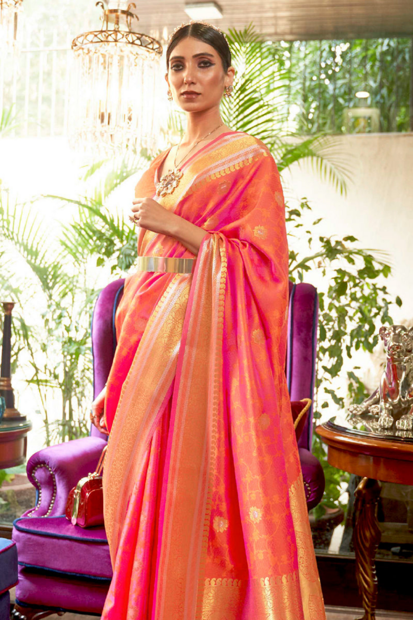 Peach & Gold- Pure Banarasi Silk Saree with Handloom Weaving