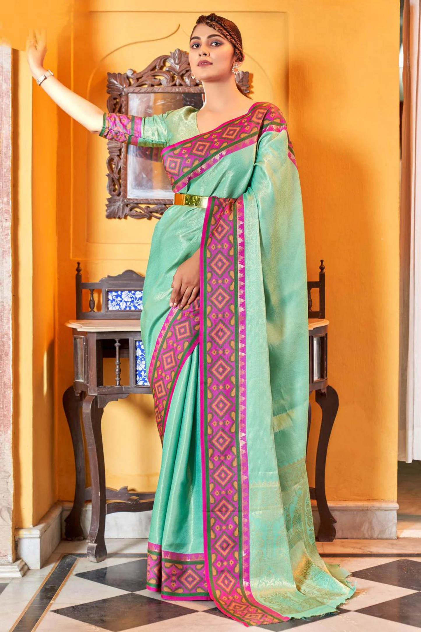 Sea Green Soft Silk Saree with Geometric Woven Border