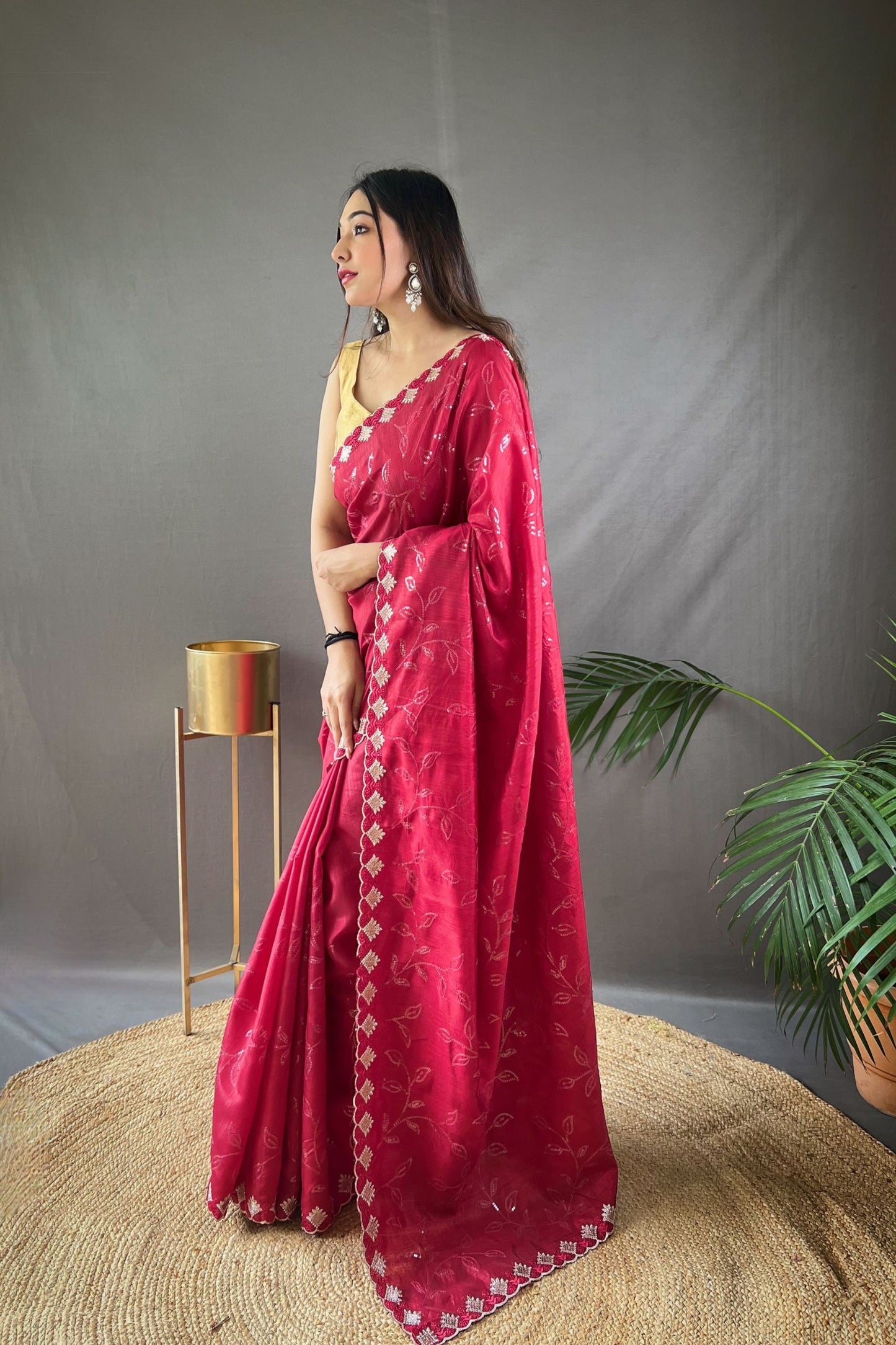 Crimson Red Sequins Work Silk Saree with Embroidered Border