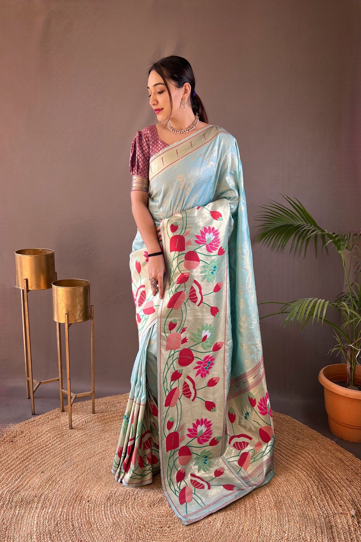 Light Blue Soft Paithani Silk Saree with Traditional Patterns