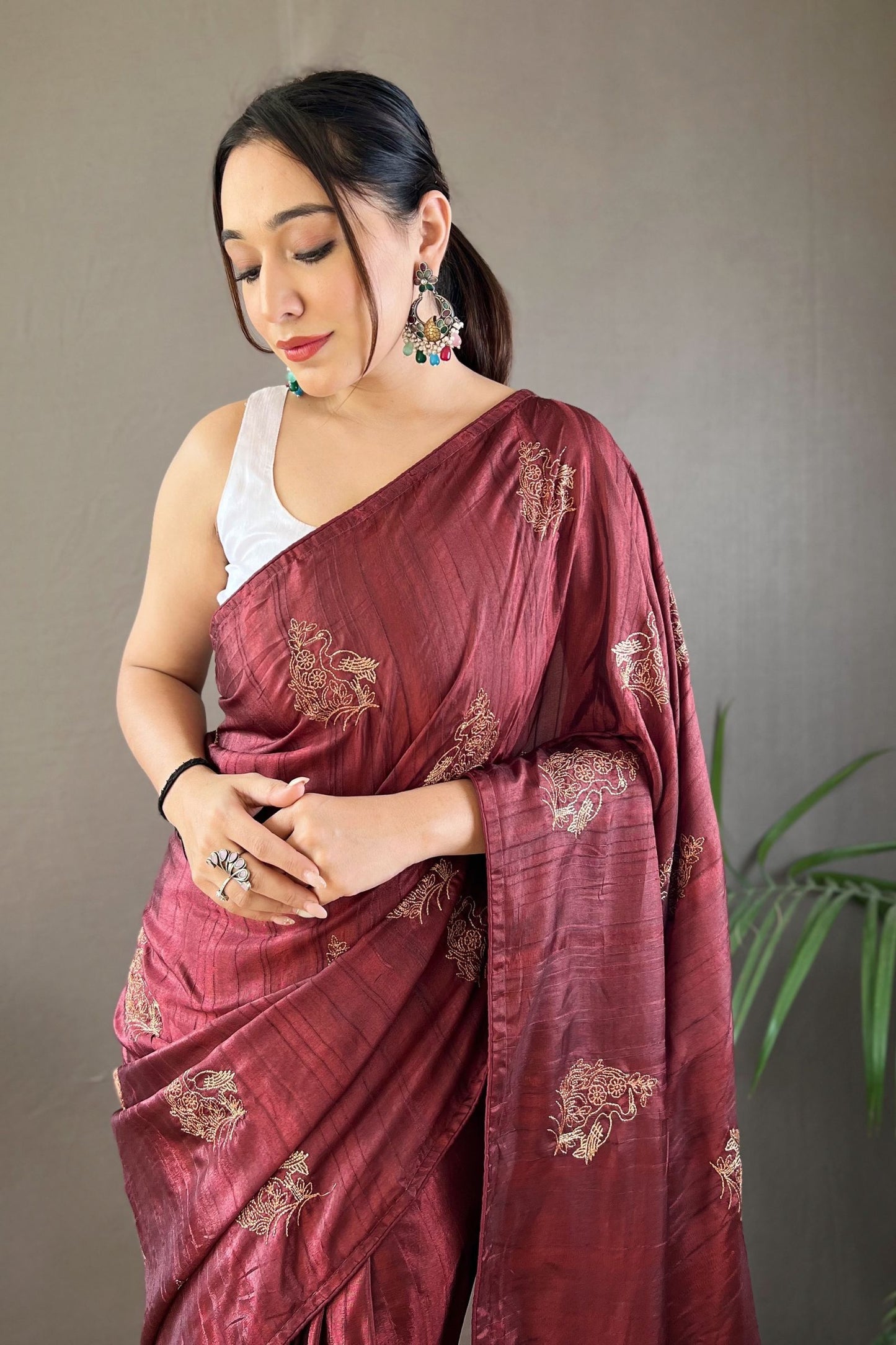 Maroon Red Embroidered Art Silk Saree