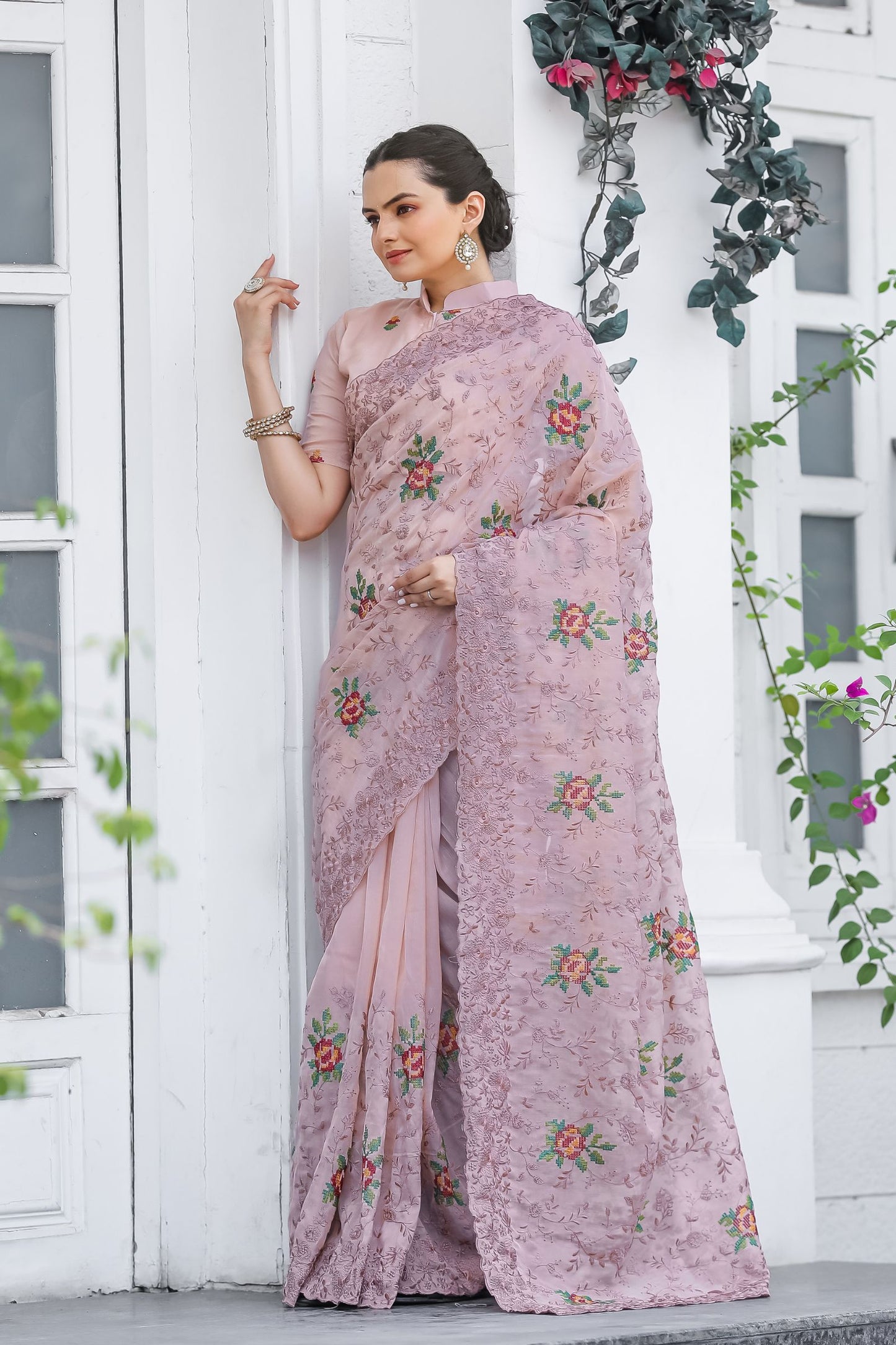 Mauve Chiffon Saree with Cross-Stitch Embroidery