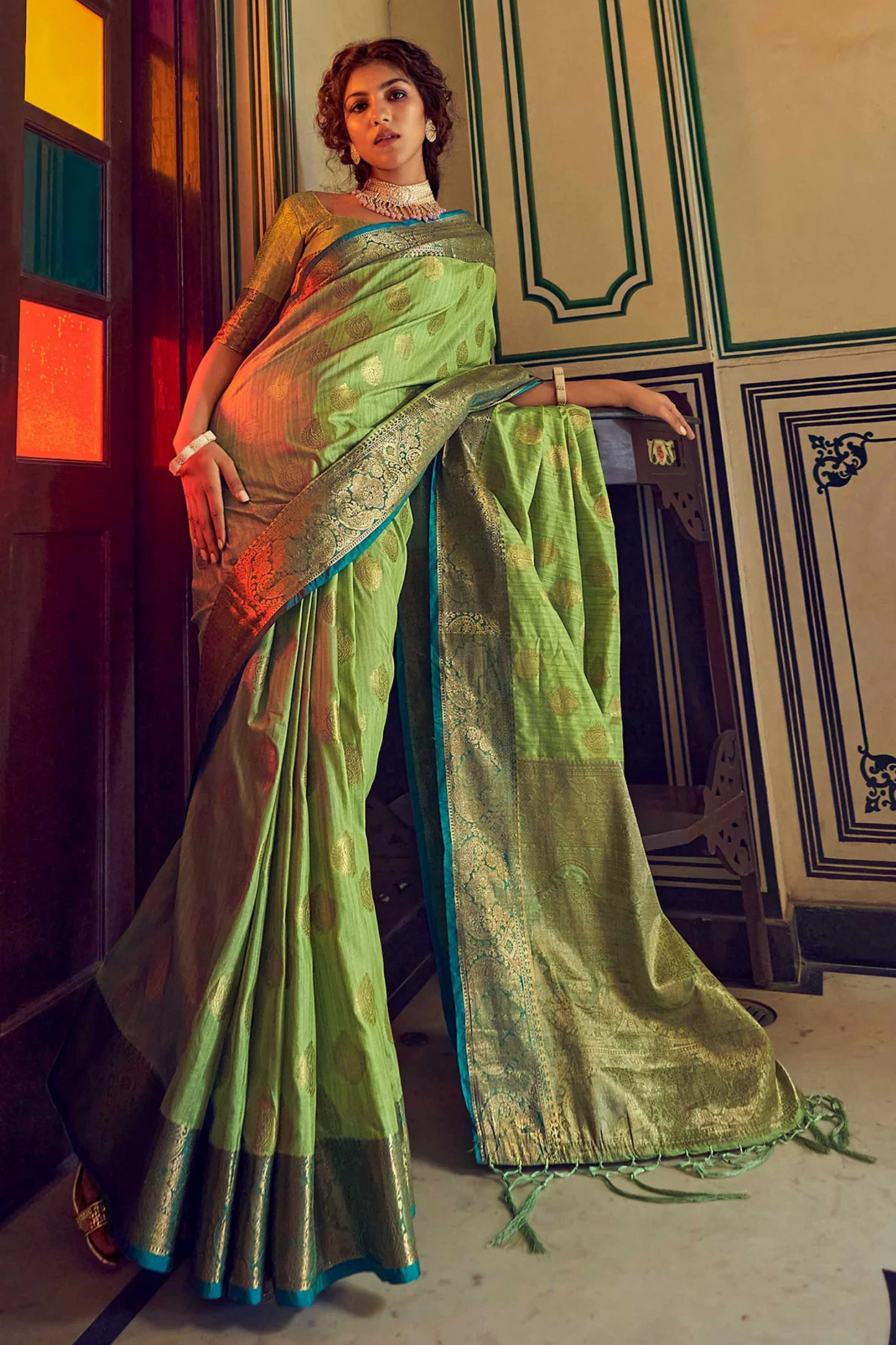 Seafoam Green Posh Banarasi Katan Soft Silk Saree with Rich Zari Border