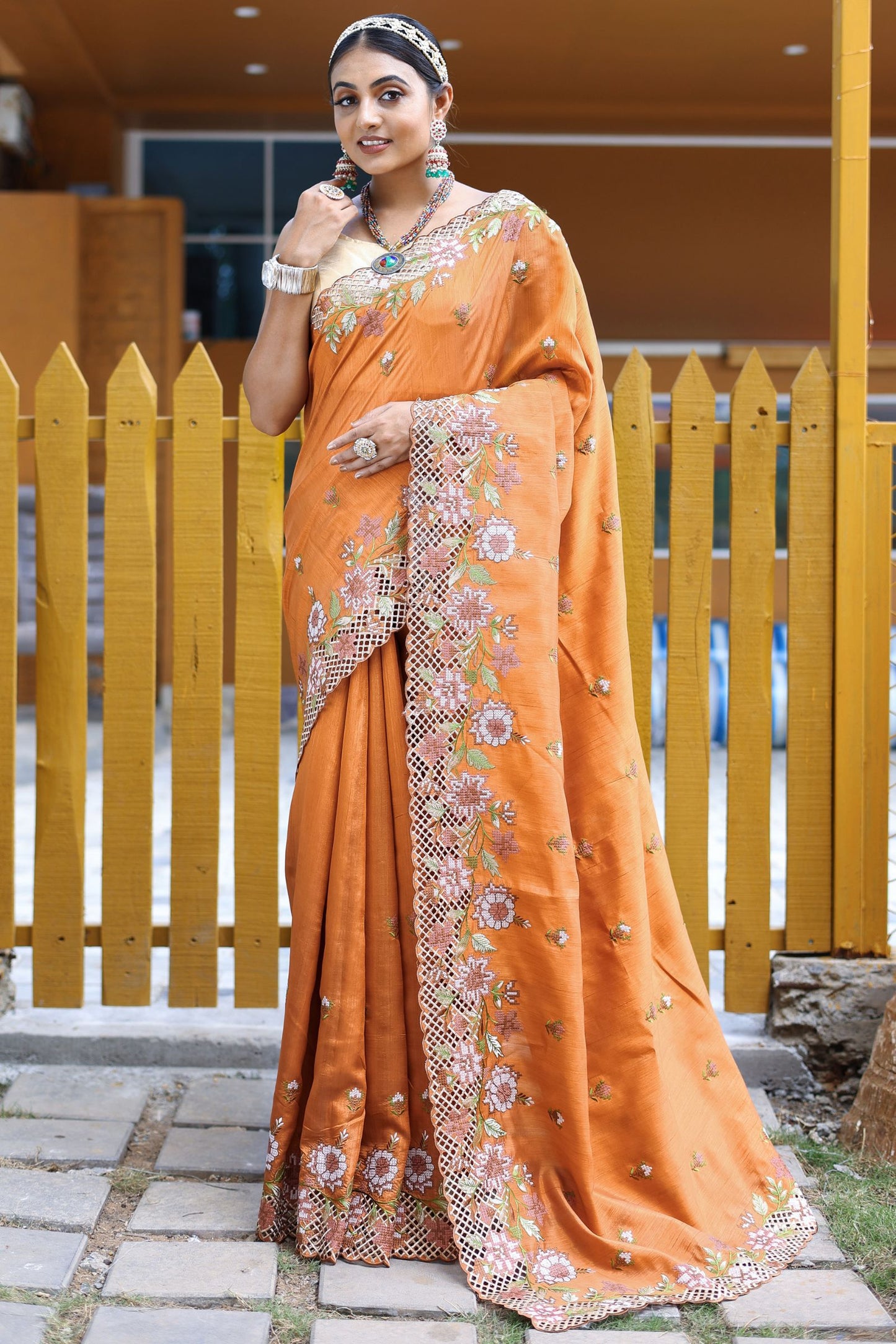 Tangerine Embroidered Pure Mark Silk Saree with Cutwork Border