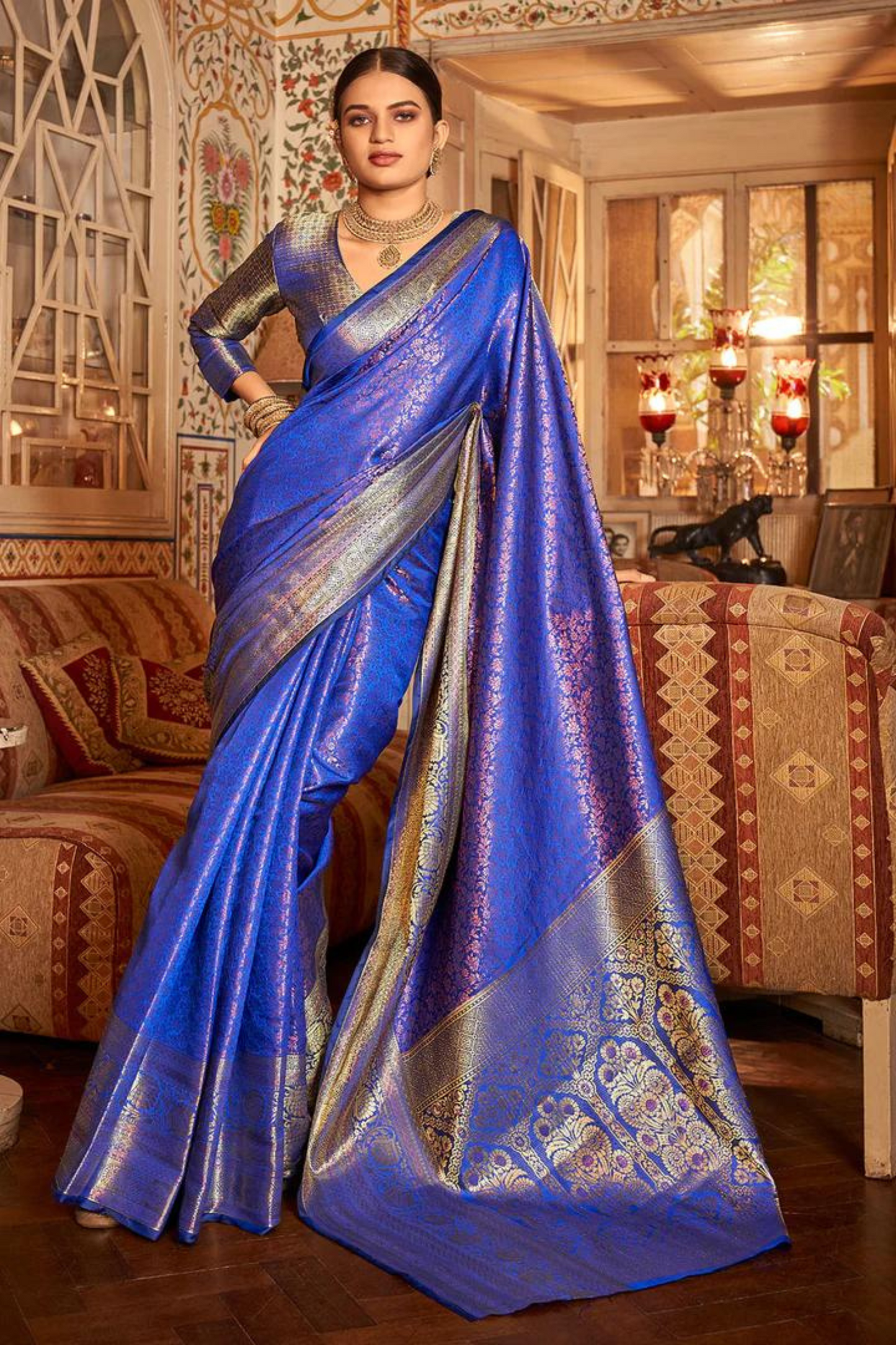 Royal Blue Pure Kanjivaram Silk with Bronze Zari Weaving