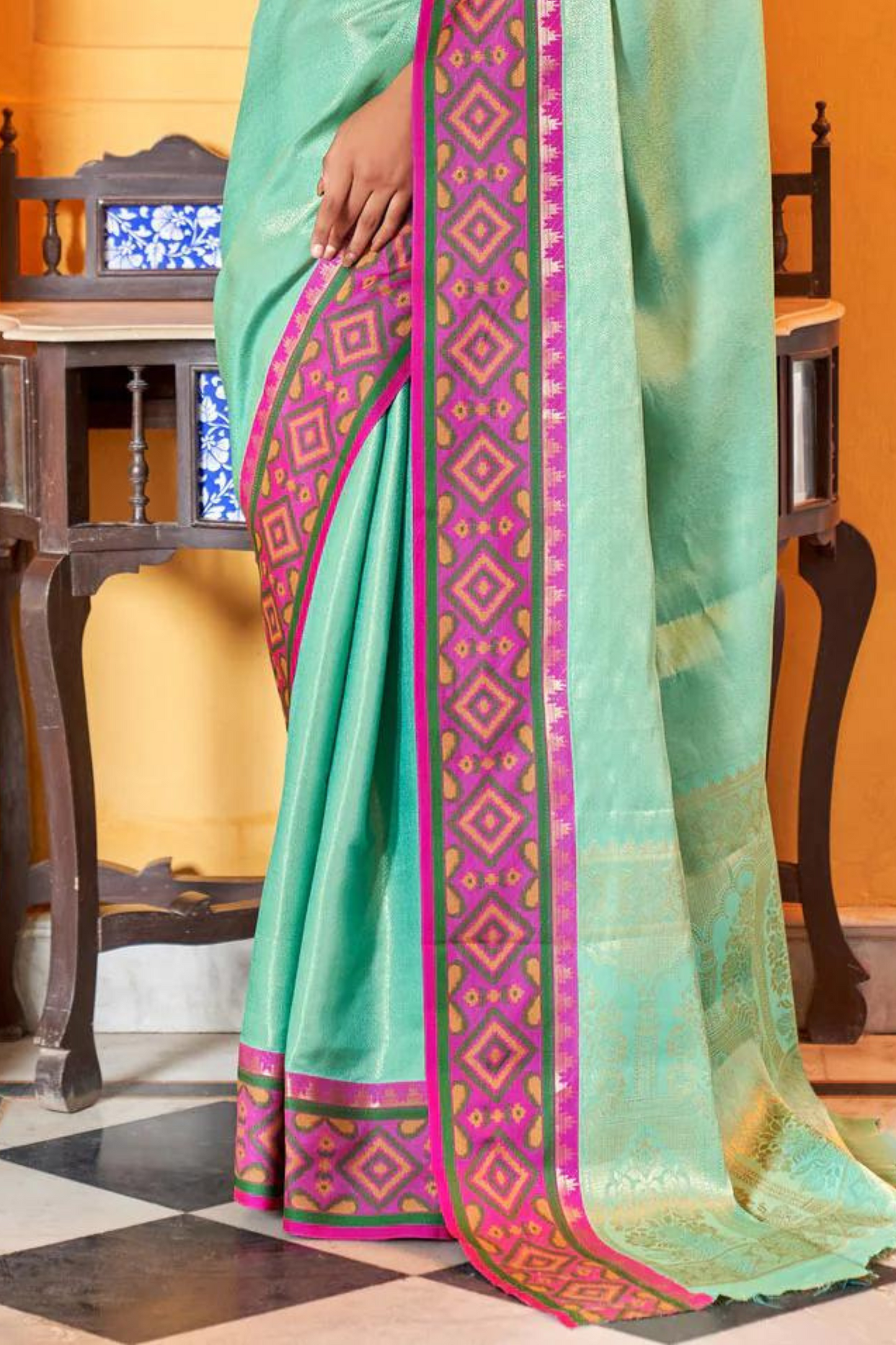 Sea Green Soft Silk Saree with Geometric Woven Border