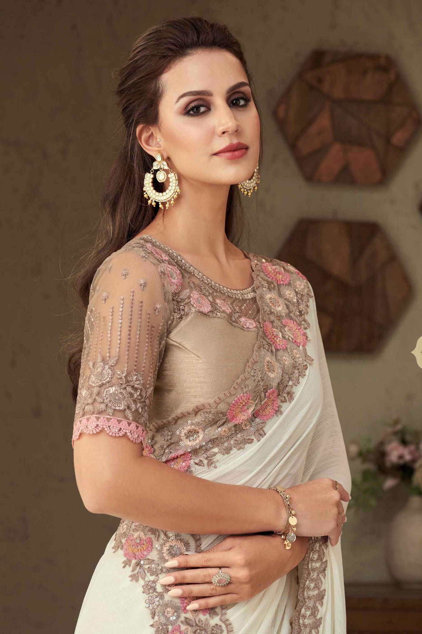 Ivory Milano Silk Saree With Embroidery Work