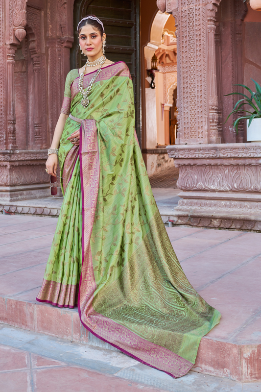 Lime Green Banarasi Pure Satin Silk with Graceful Zari Work Border