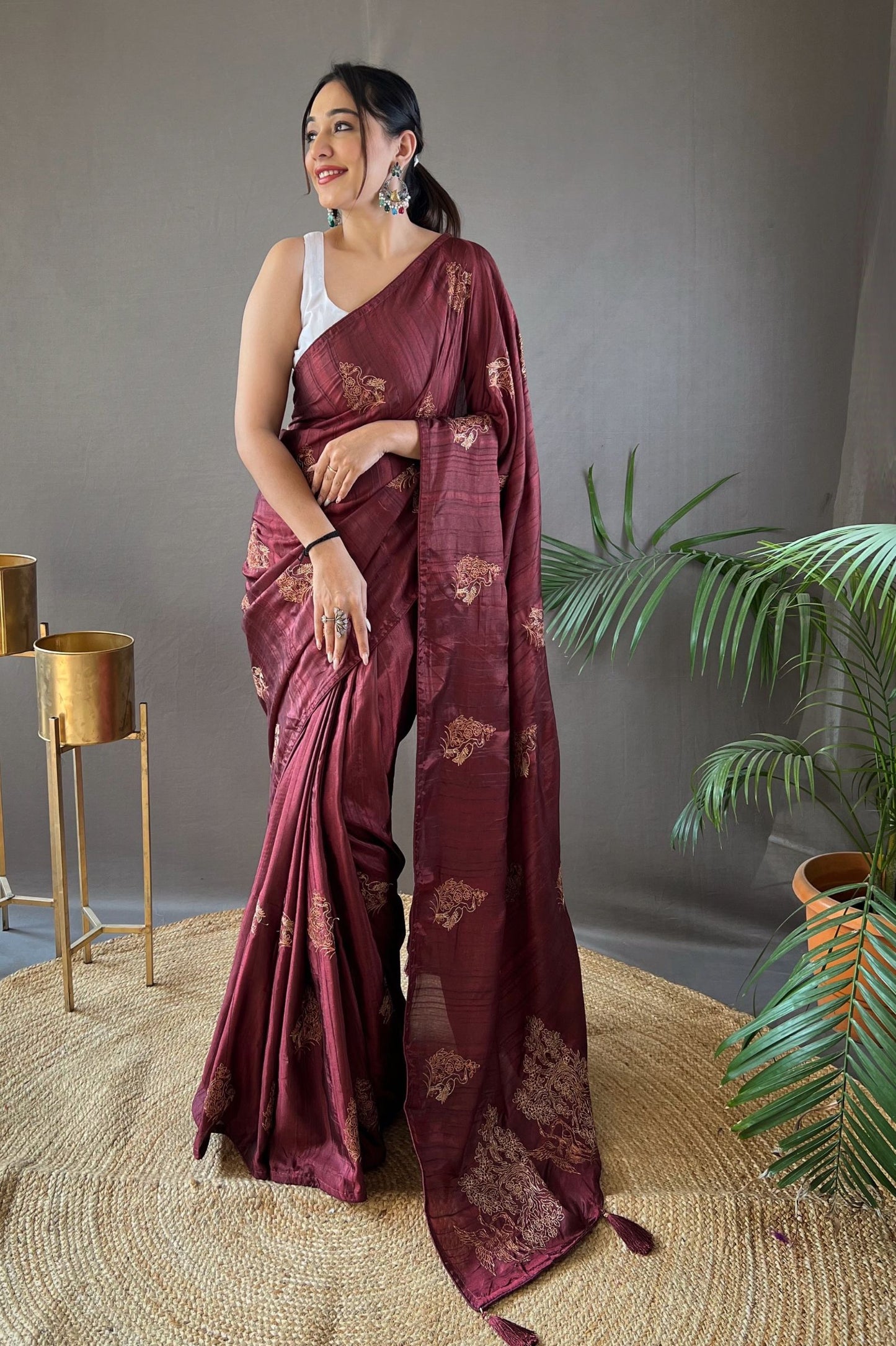 Maroon Red Embroidered Art Silk Saree