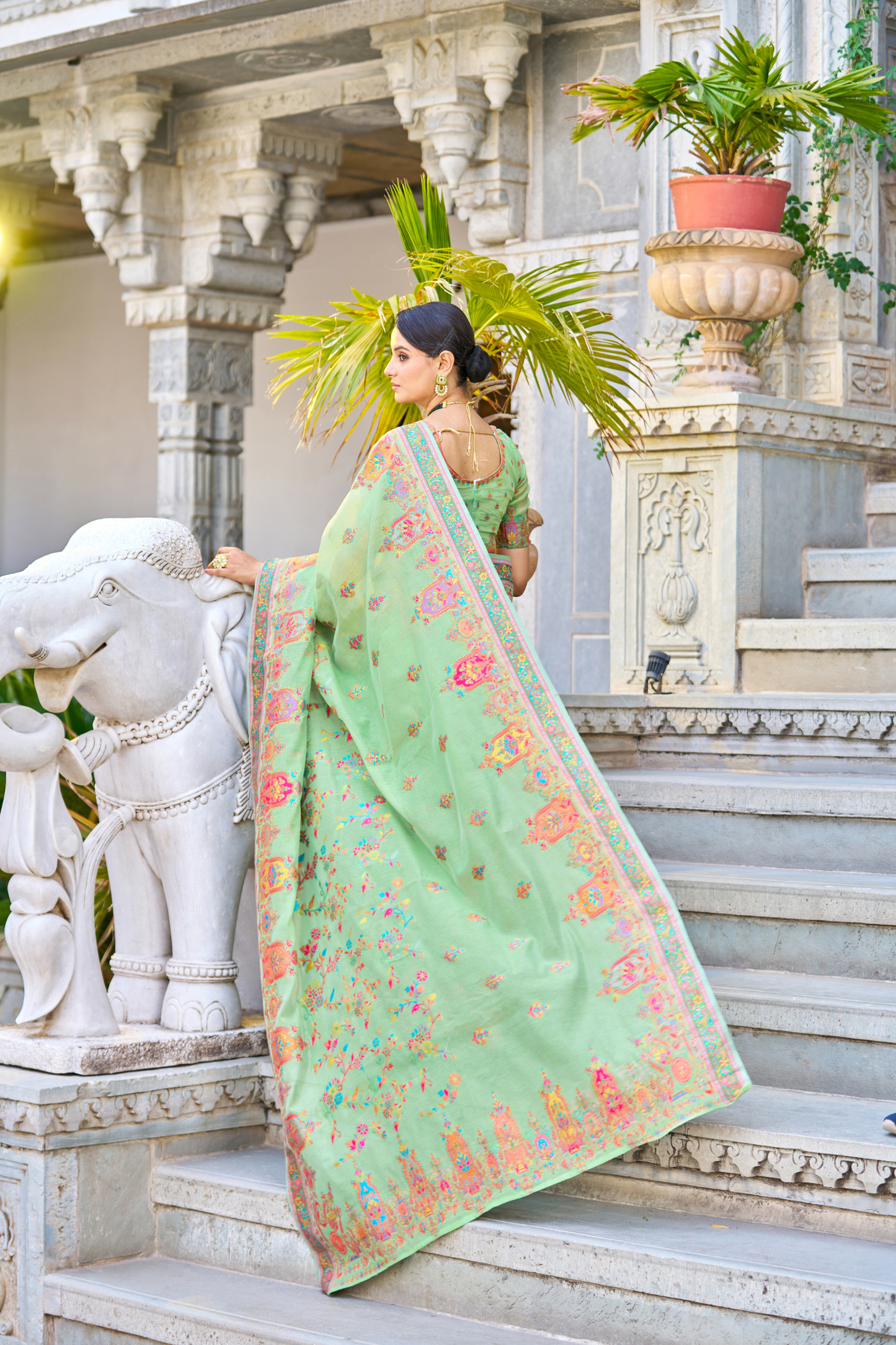 Mint Green Cotton Pashmina Silk Saree with Floral Design