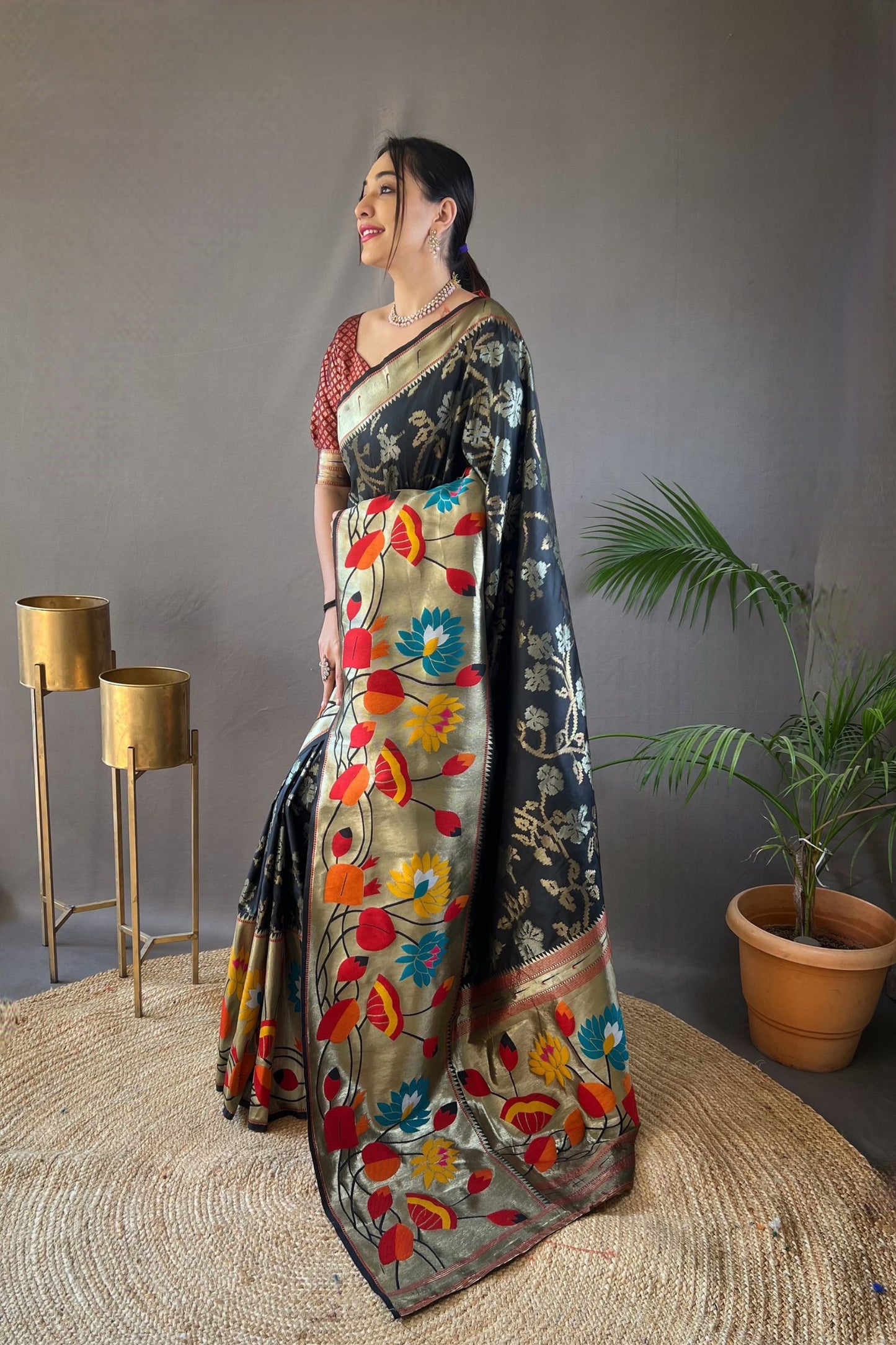 Black Soft Paithani Silk Saree with Traditional Patterns