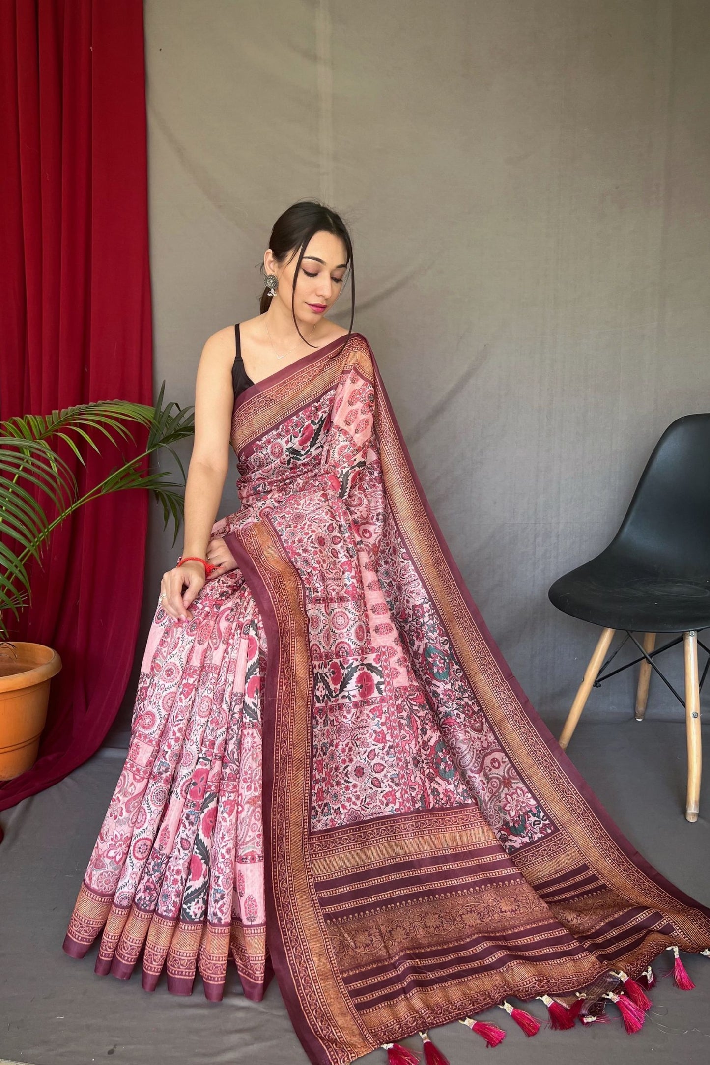 Baby Pink Kashmiri Digital Printed Cotton Saree