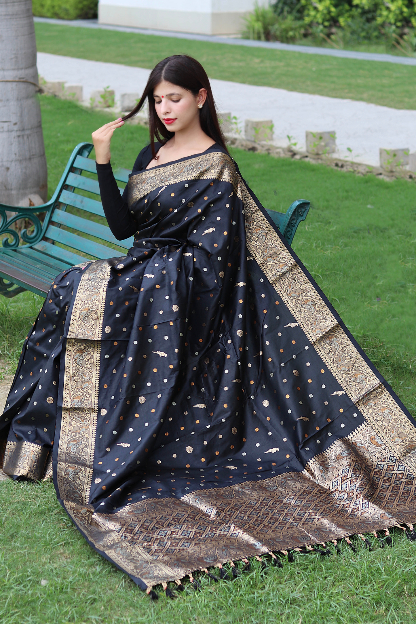 Black Banarasi Soft Silk Saree with Copper Zari Border