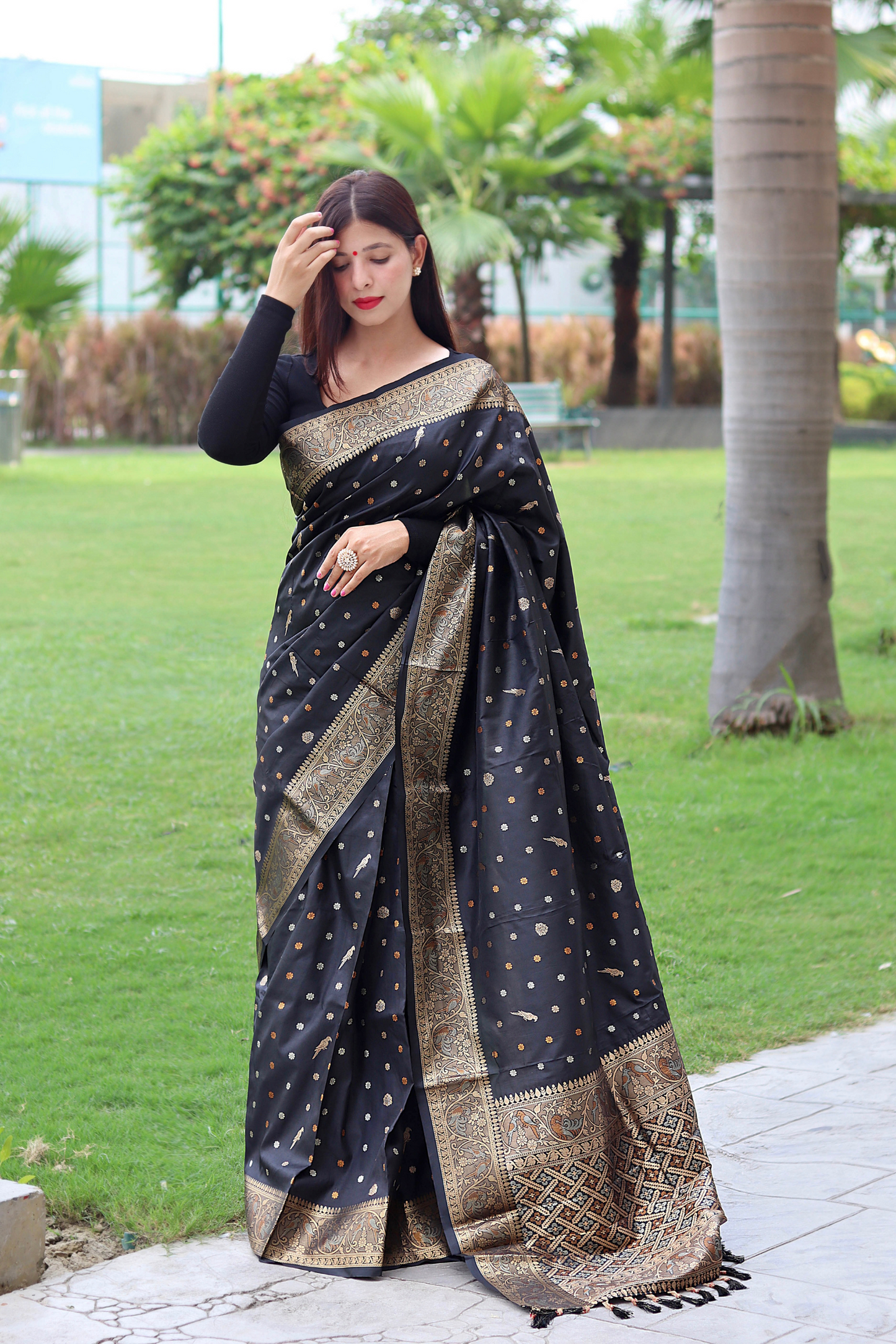 Black Banarasi Soft Silk Saree with Copper Zari Border