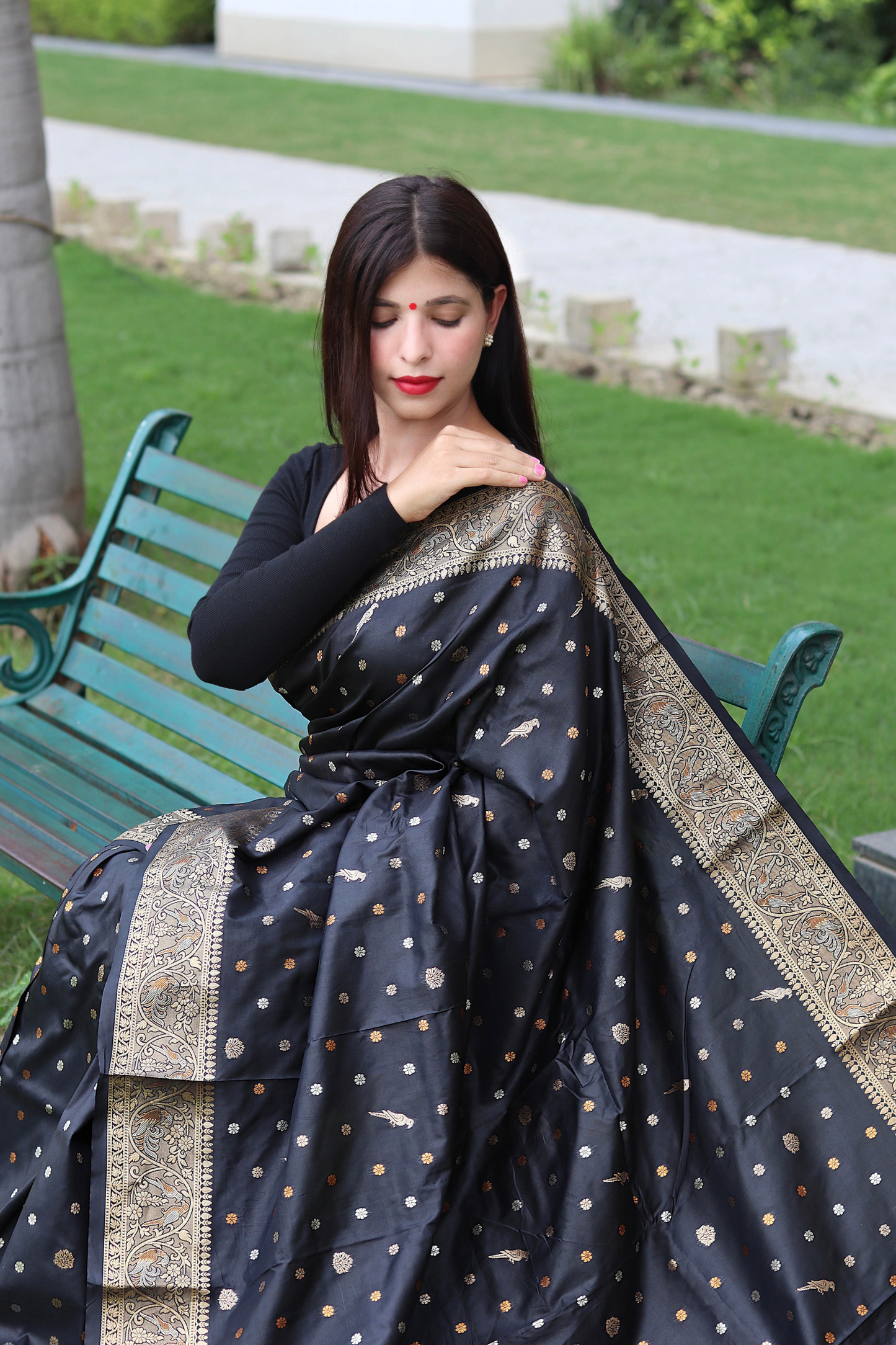 Black Banarasi Soft Silk Saree with Copper Zari Border