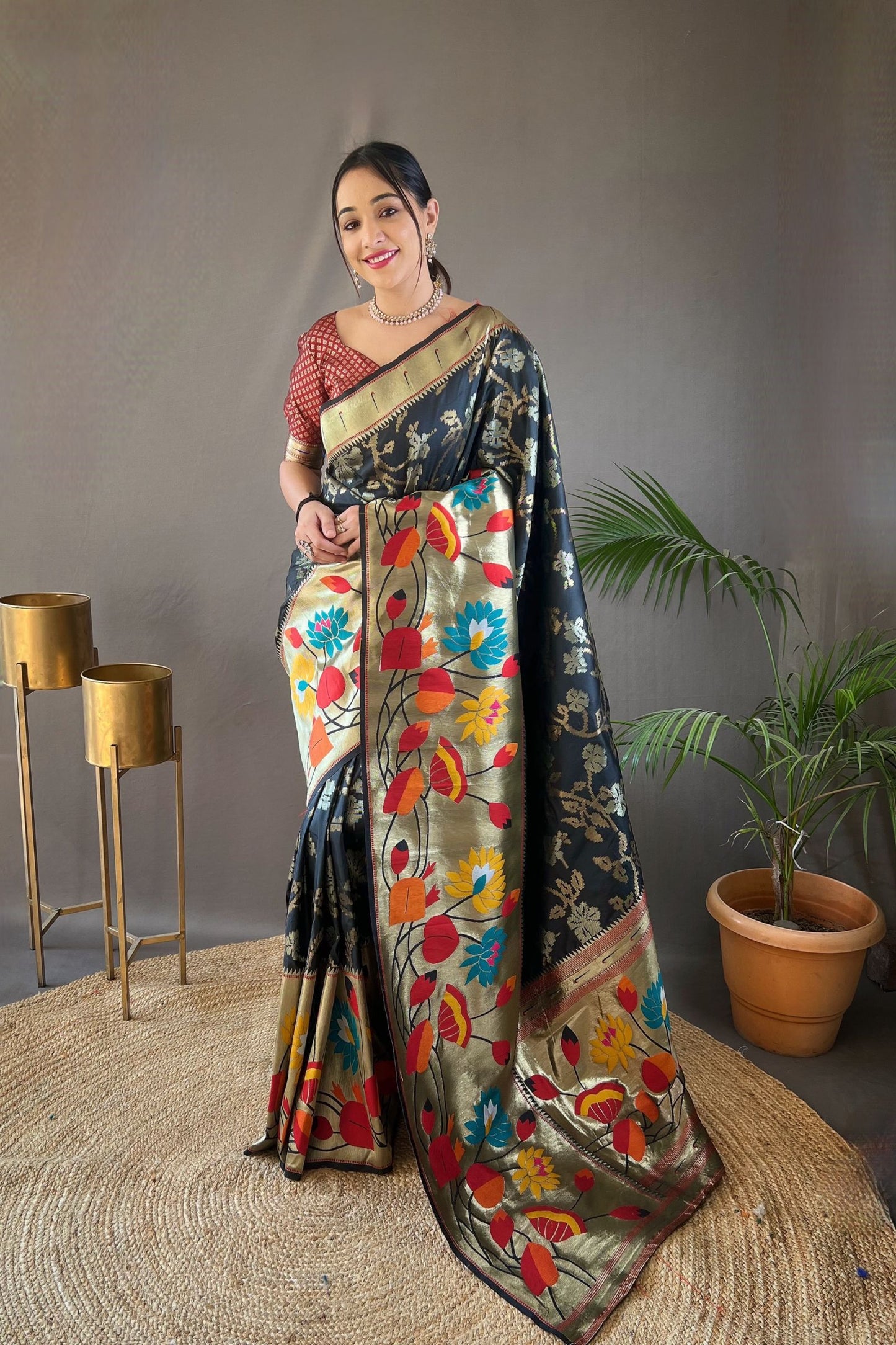 Black Soft Paithani Silk Saree with Traditional Patterns