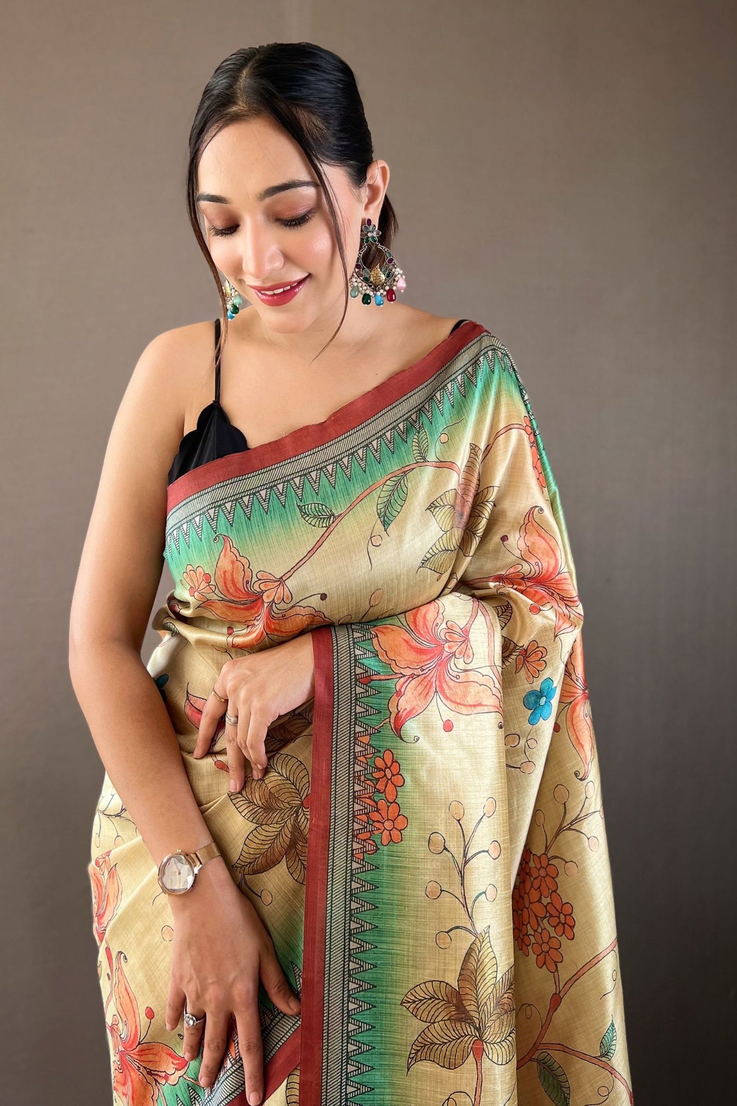 Brown Kalamkari Printed Silk Saree with Tassels