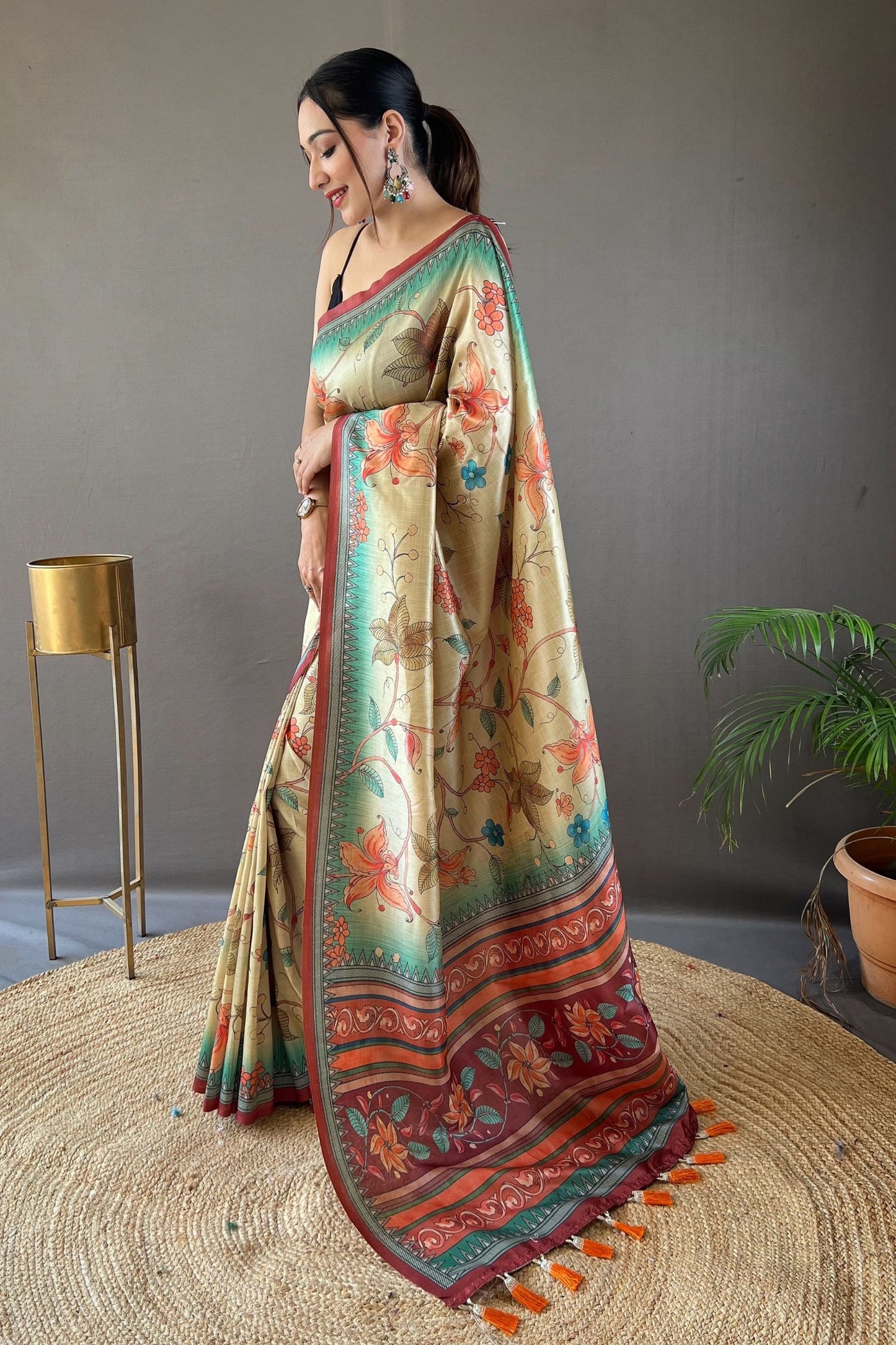 Brown Kalamkari Printed Silk Saree with Tassels