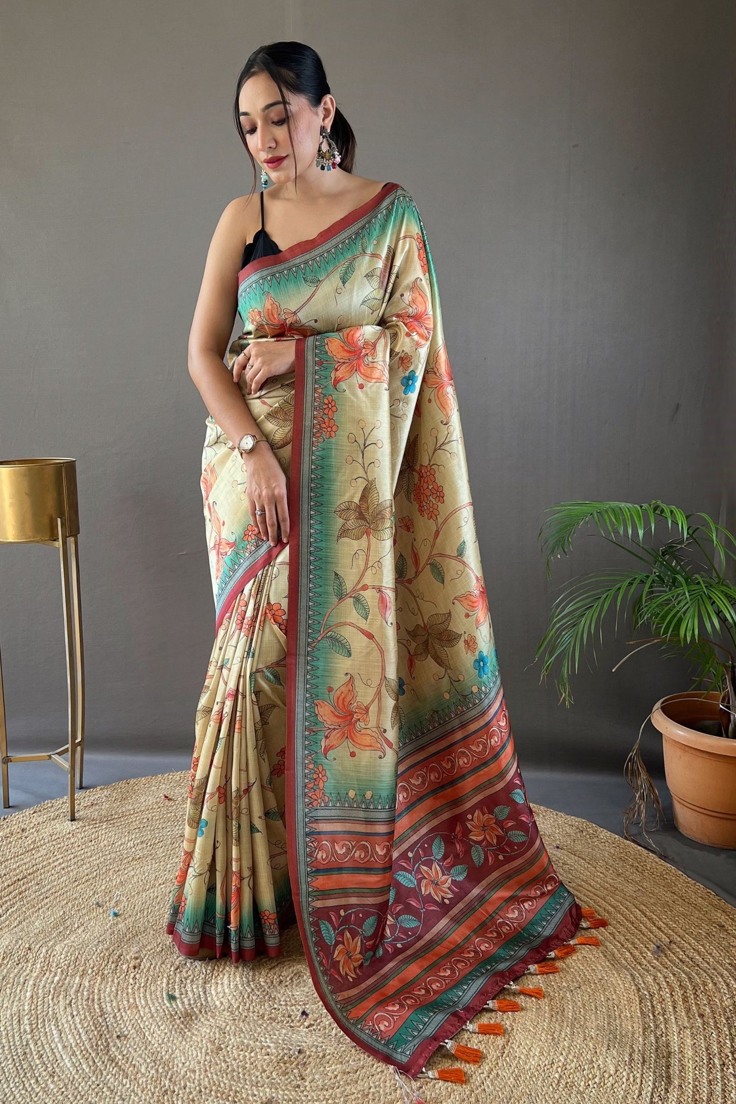 Brown Kalamkari Printed Silk Saree with Tassels