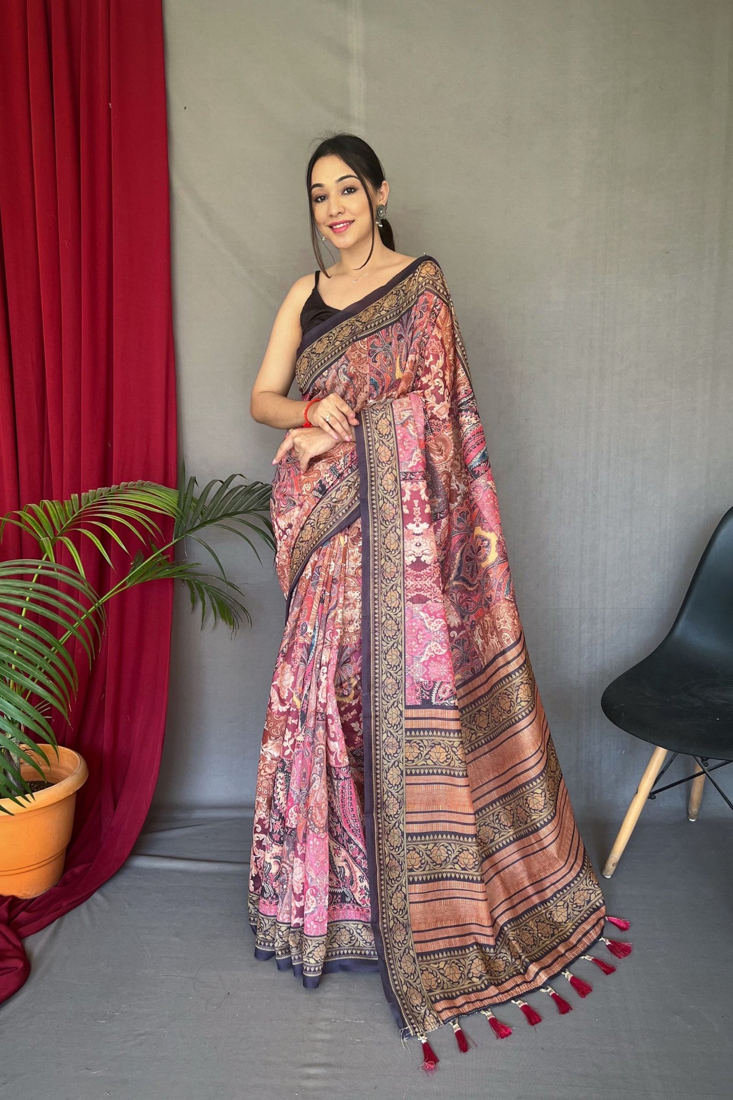 Coral Pink Kashmiri Digital Printed Cotton Saree