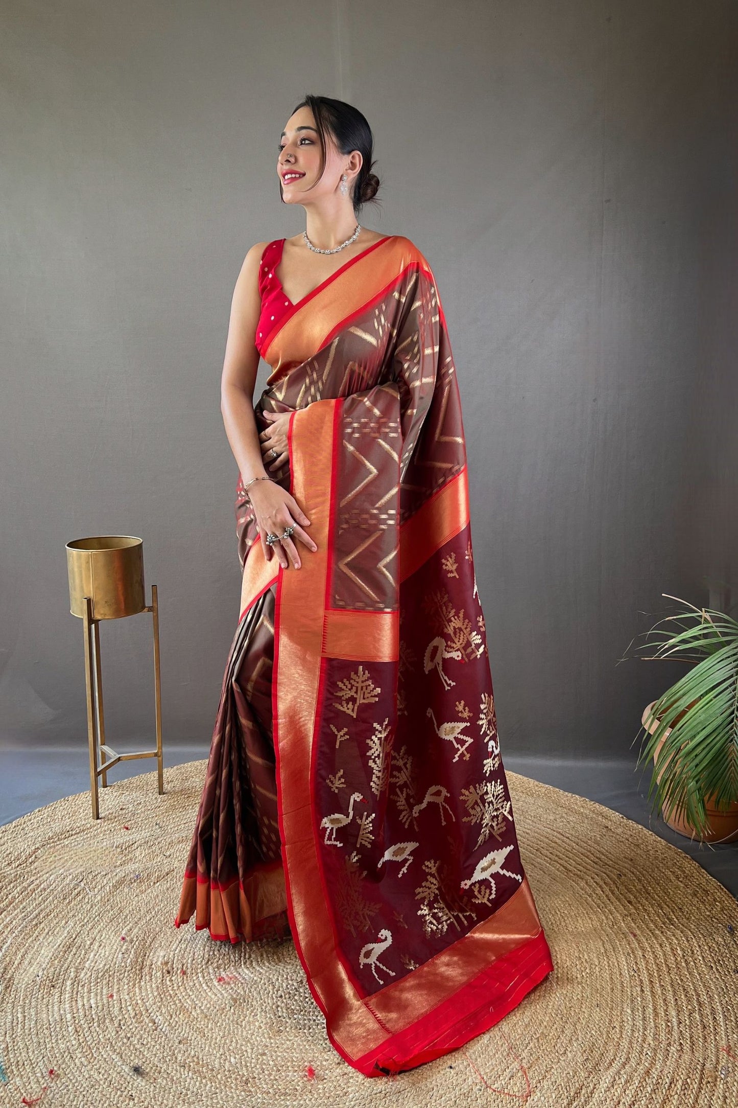 Chocolate Brown Zig Zag Zari Soft Silk Saree