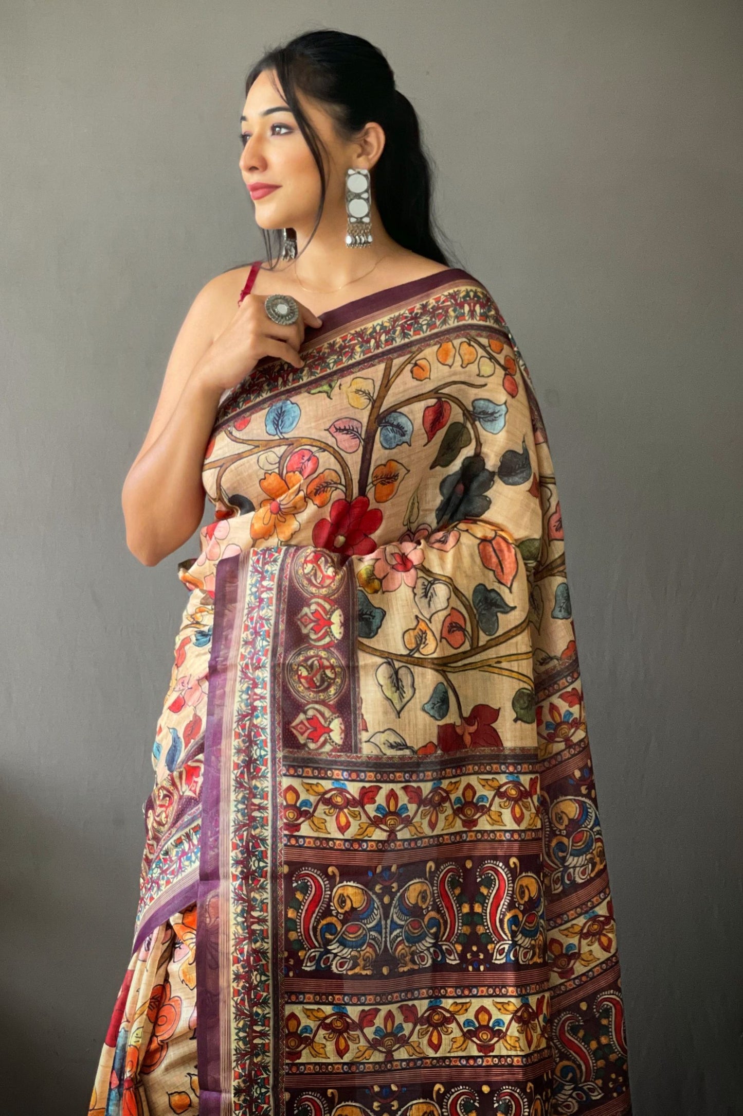 Cream Kalamkari Digital Printed Cotton Saree