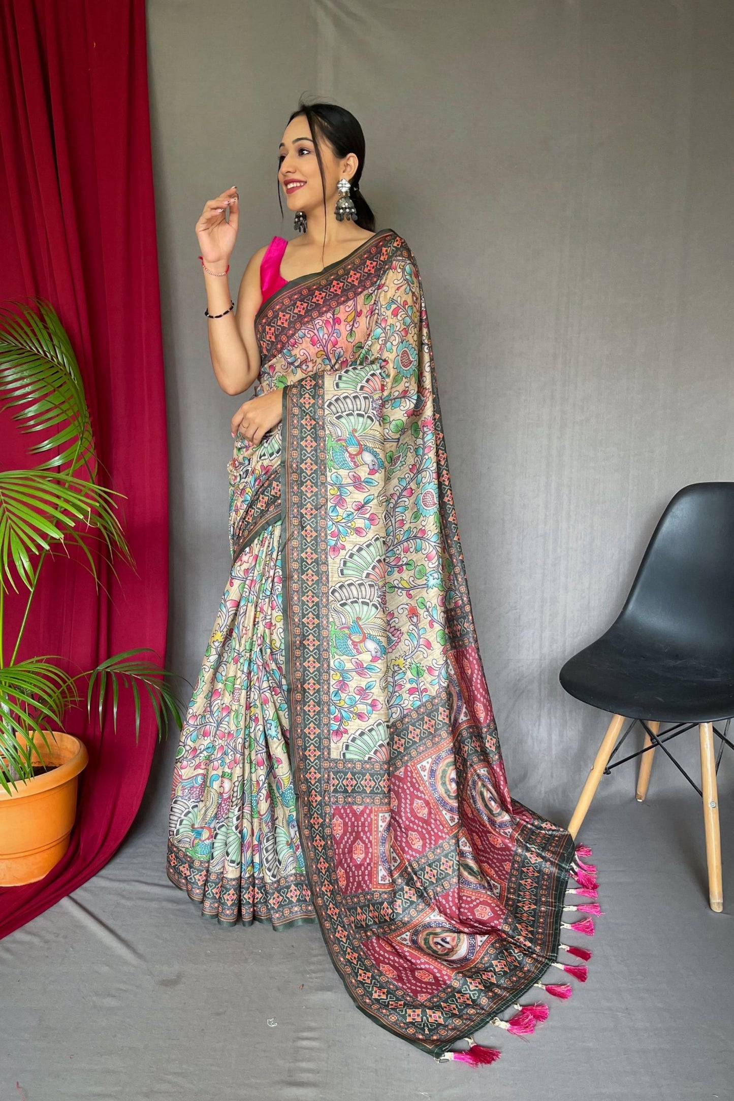 Cream Kalamkari Printed Malai Cotton Saree