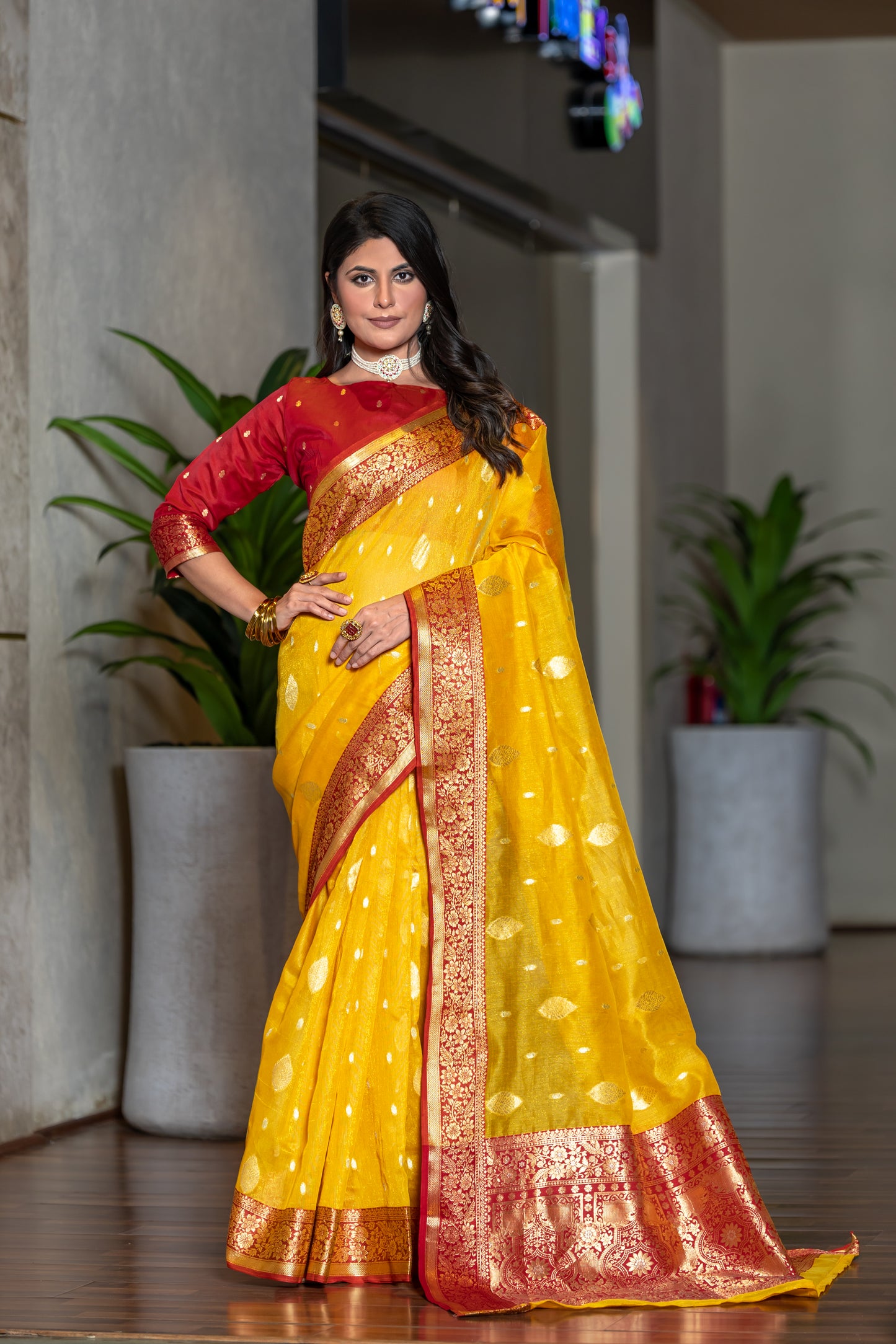 Squash Yellow Banarasi Tissue Silk Saree