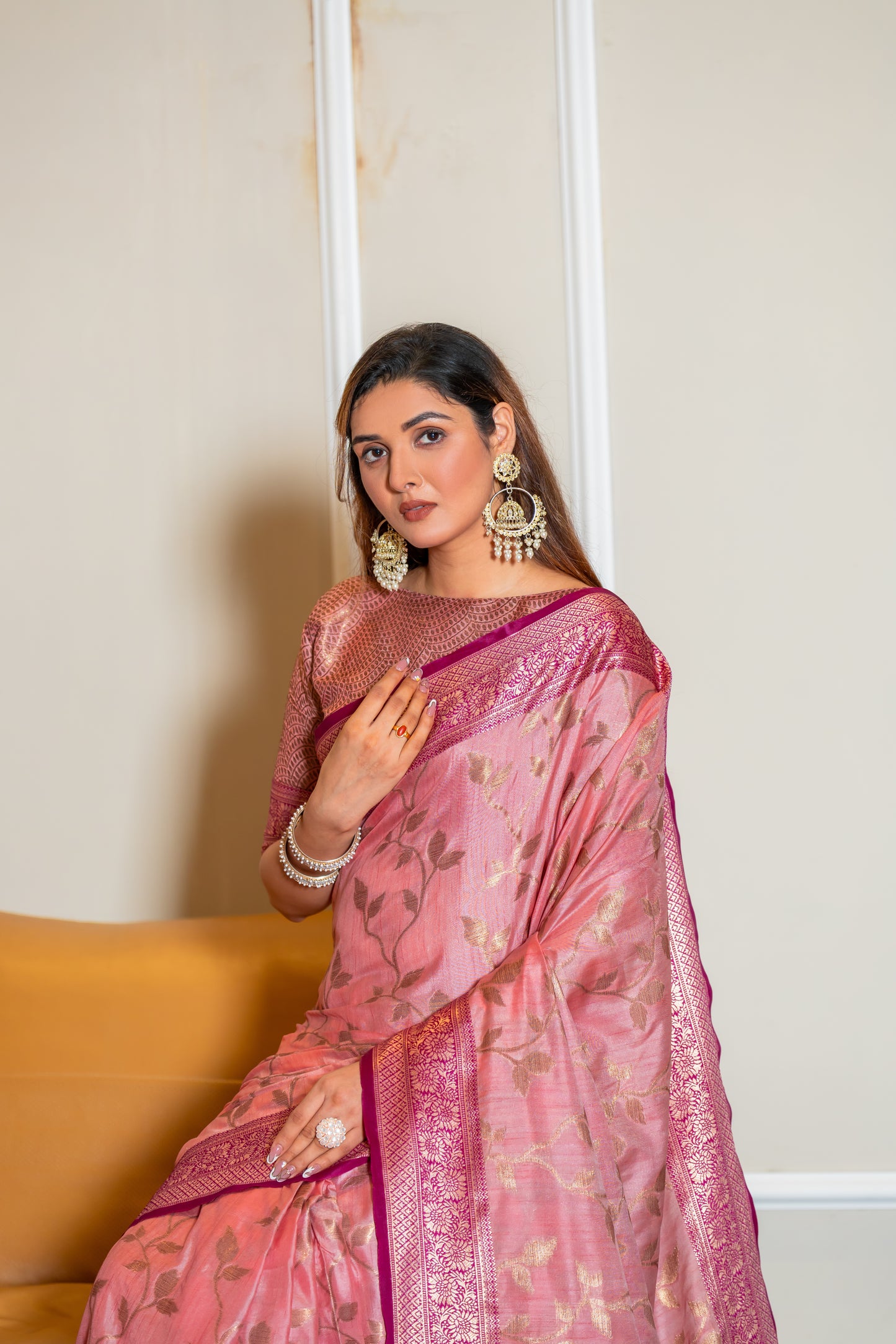 Pink Banarasi Pure Satin Silk with Graceful Zari Work Border