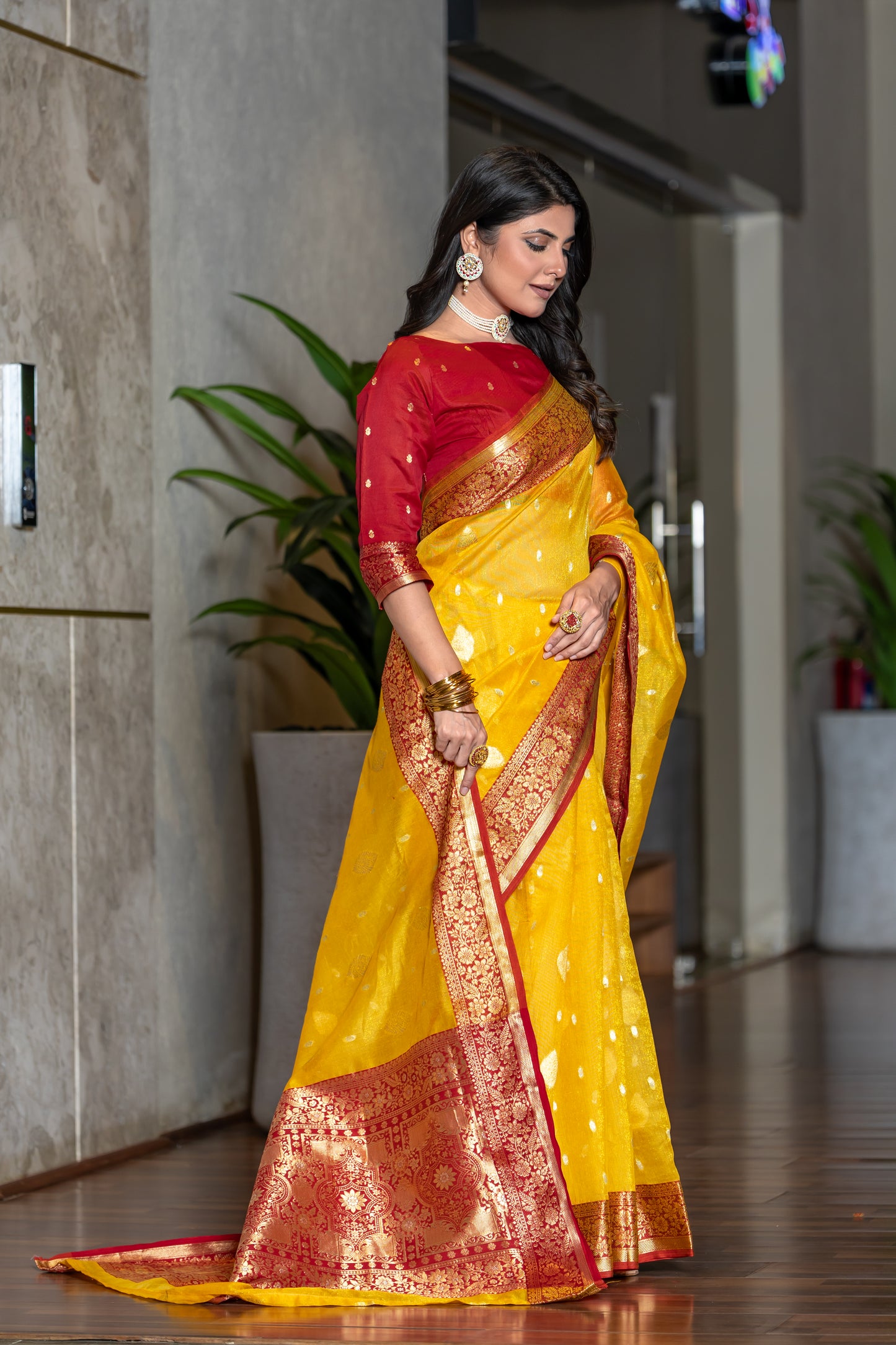 Squash Yellow Banarasi Tissue Silk Saree