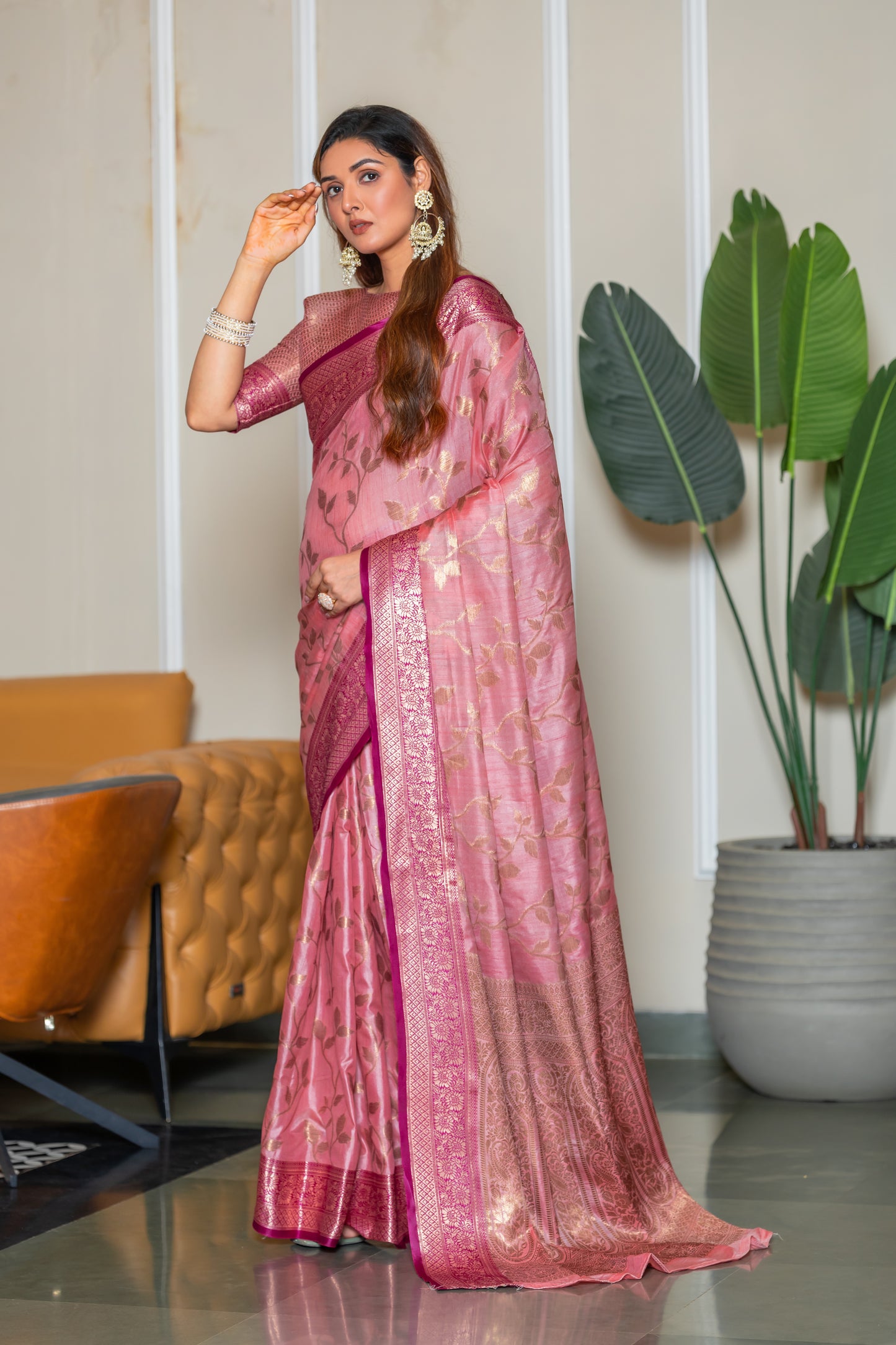 Pink Banarasi Pure Satin Silk with Graceful Zari Work Border