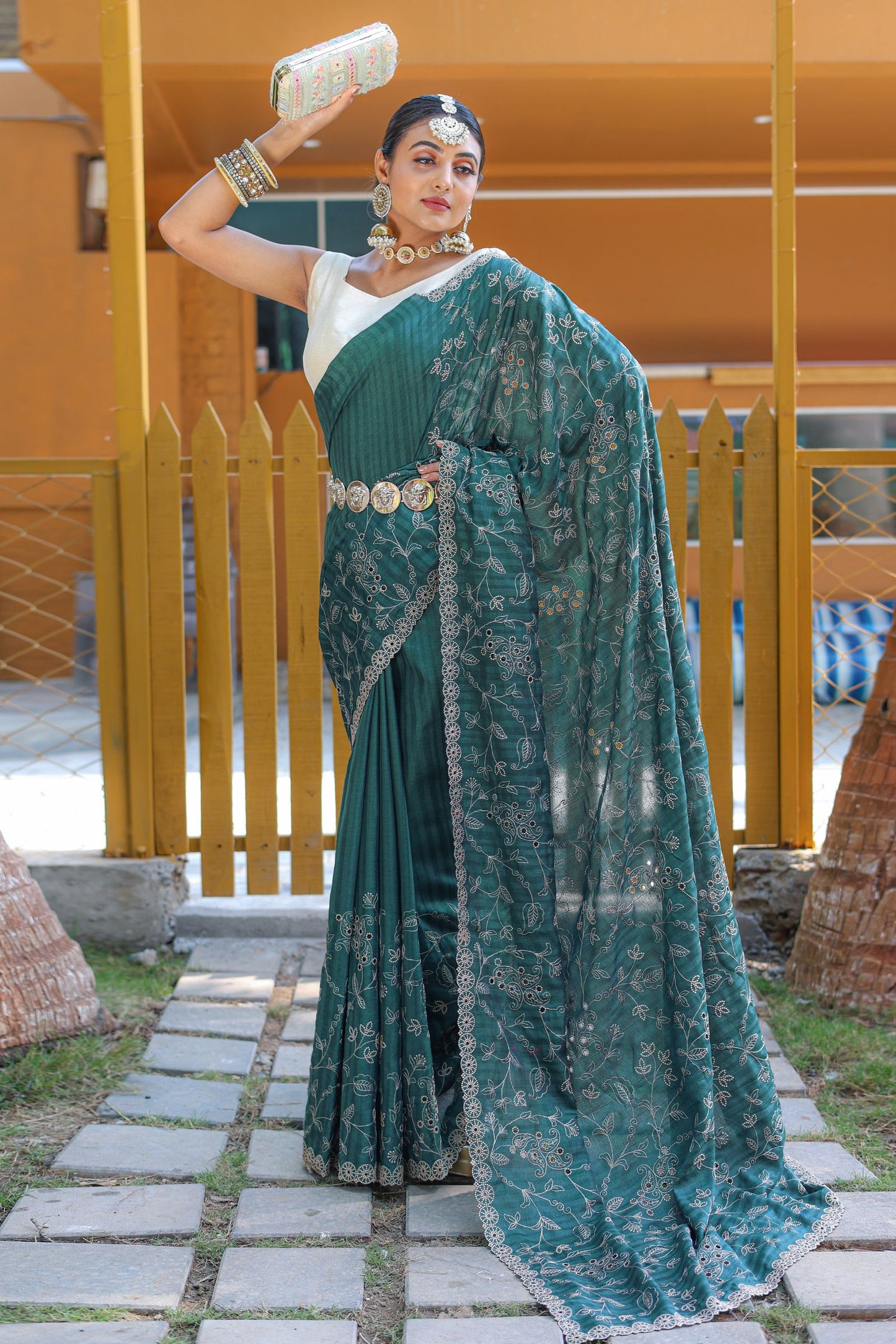 Dark Green Threadwork Soft Silk Saree with Cutwork Border