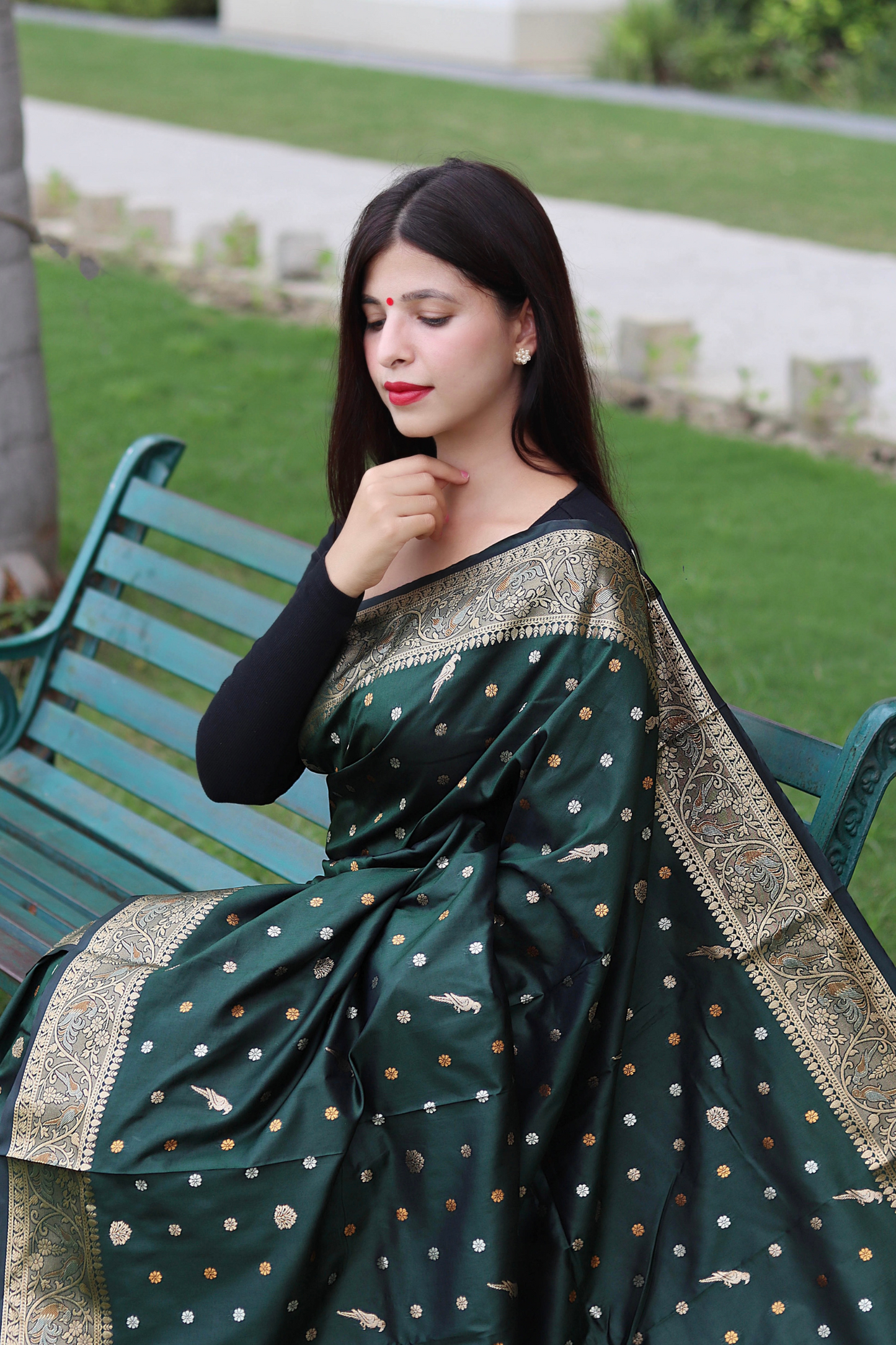 Green Banarasi Soft Silk Saree with Copper Zari Border