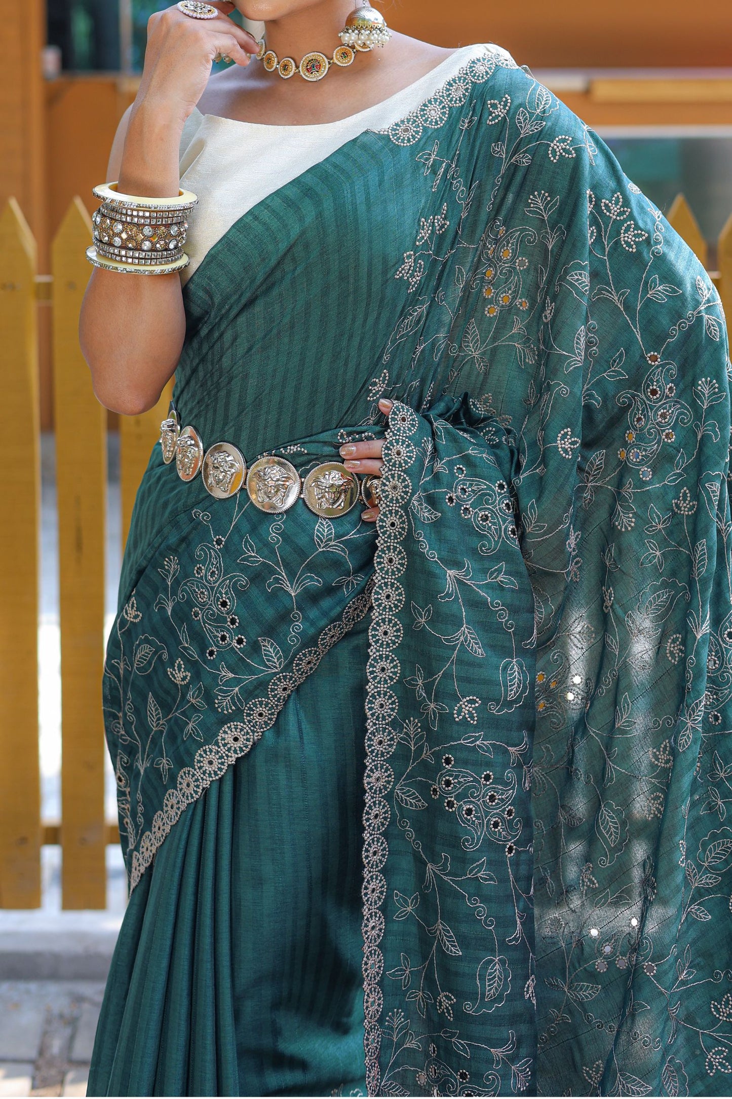 Dark Green Threadwork Soft Silk Saree with Cutwork Border