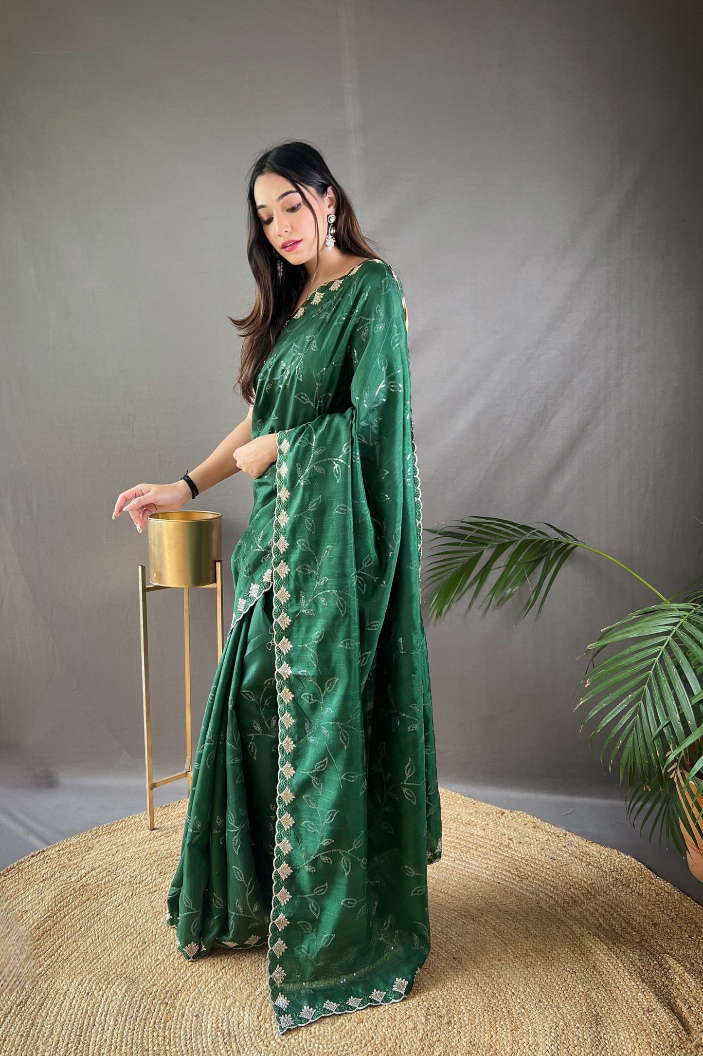 Dark Green Sequins Work Silk Saree with Embroidered Border