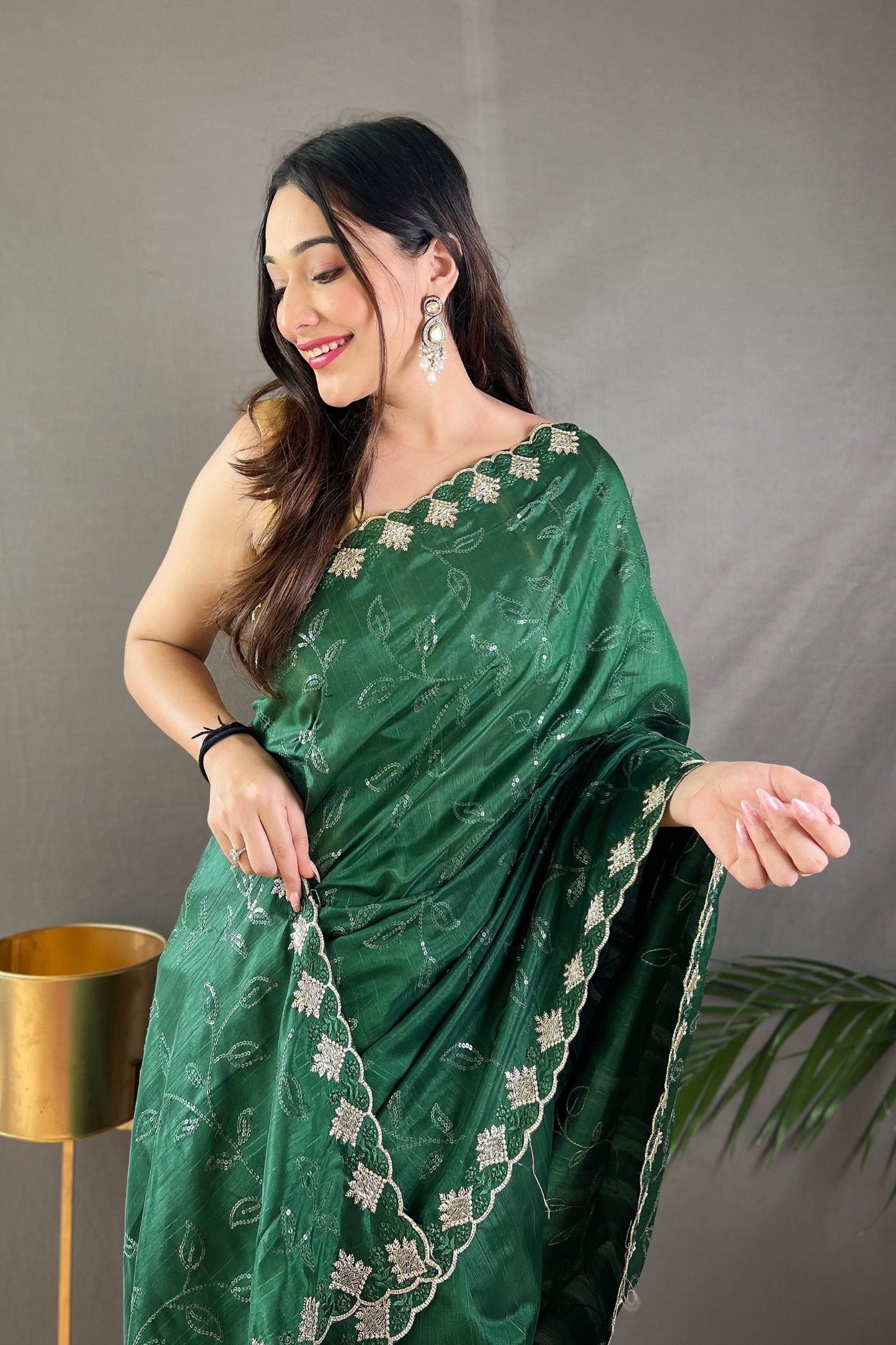 Dark Green Sequins Work Silk Saree with Embroidered Border