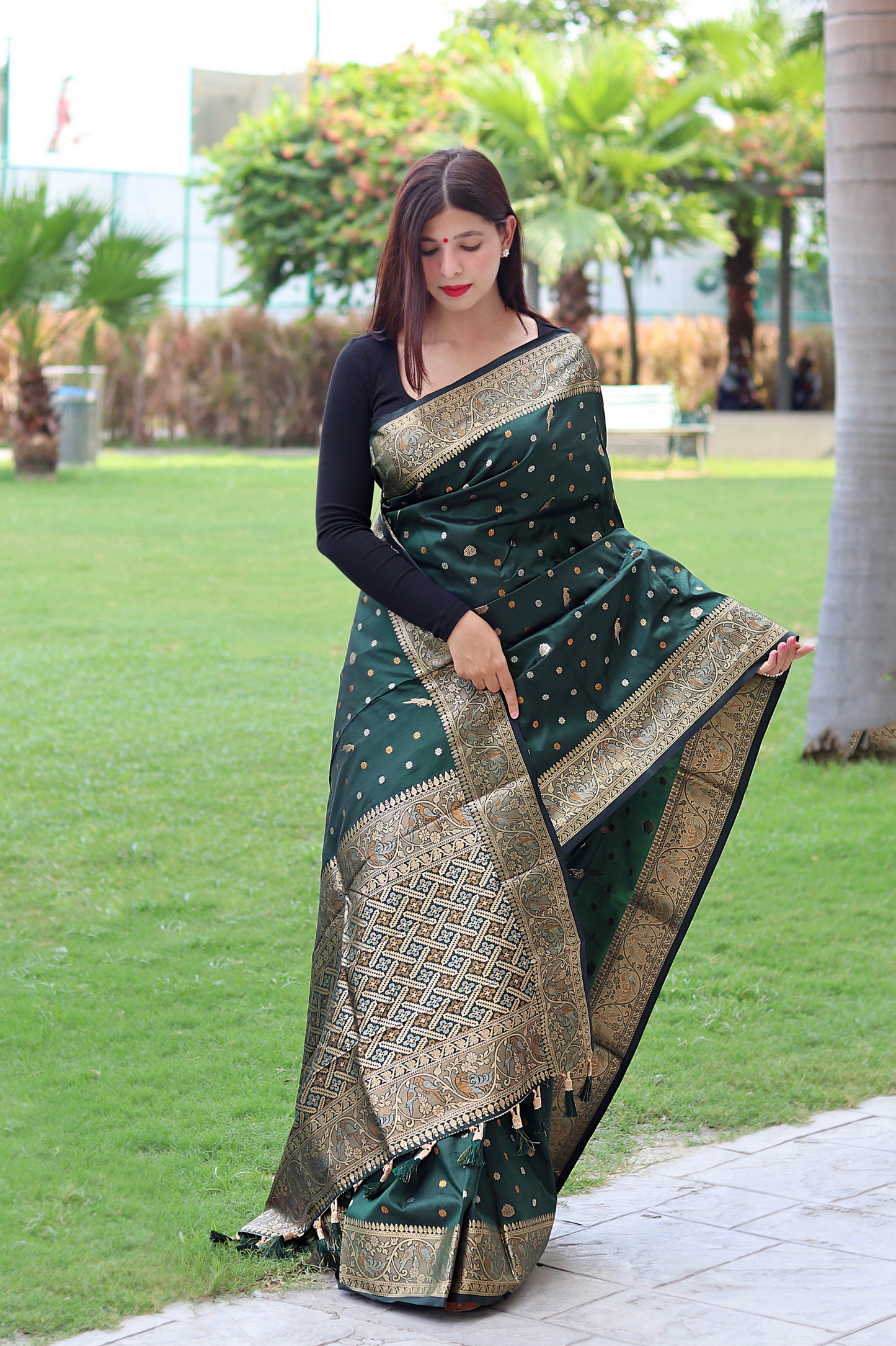 Green Banarasi Soft Silk Saree with Copper Zari Border