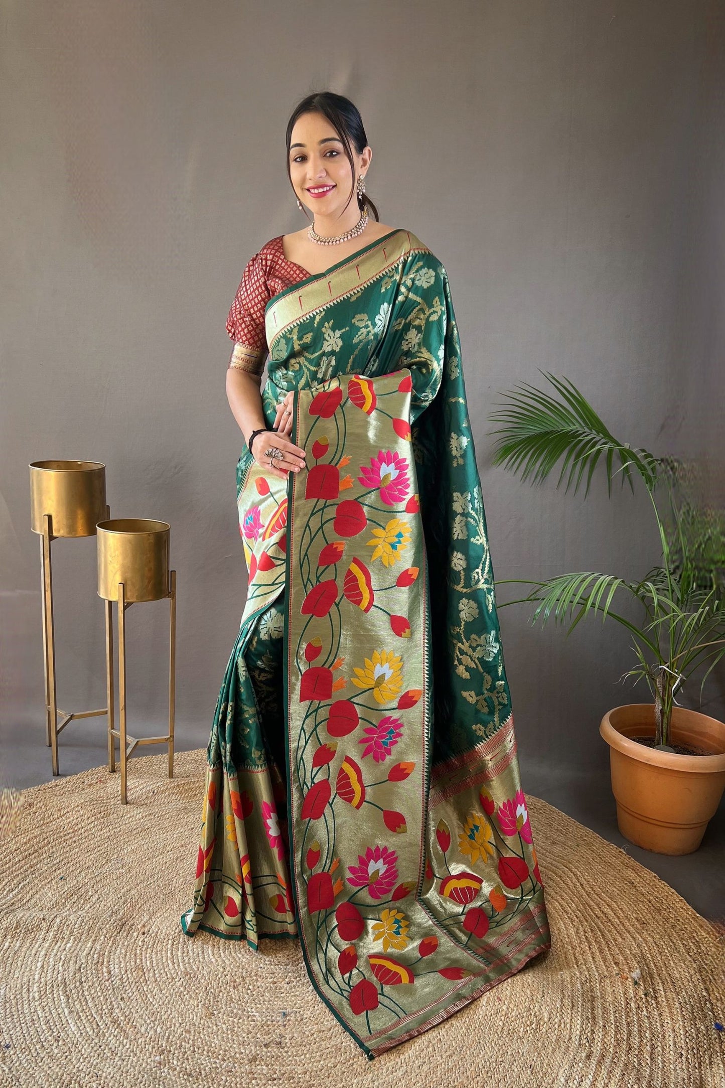 Dark Green Soft Paithani Silk Saree with Traditional Patterns