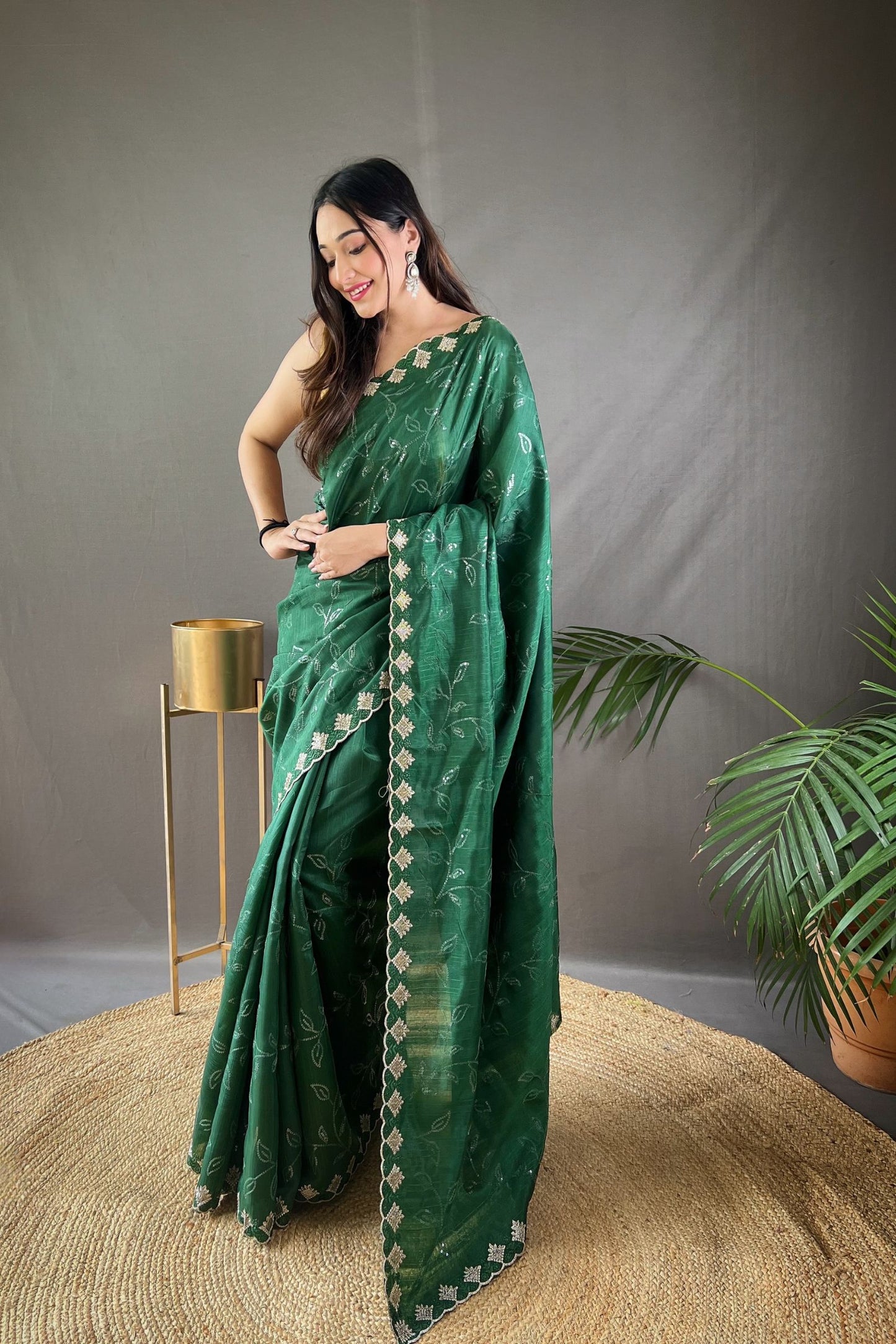 Dark Green Sequins Work Silk Saree with Embroidered Border