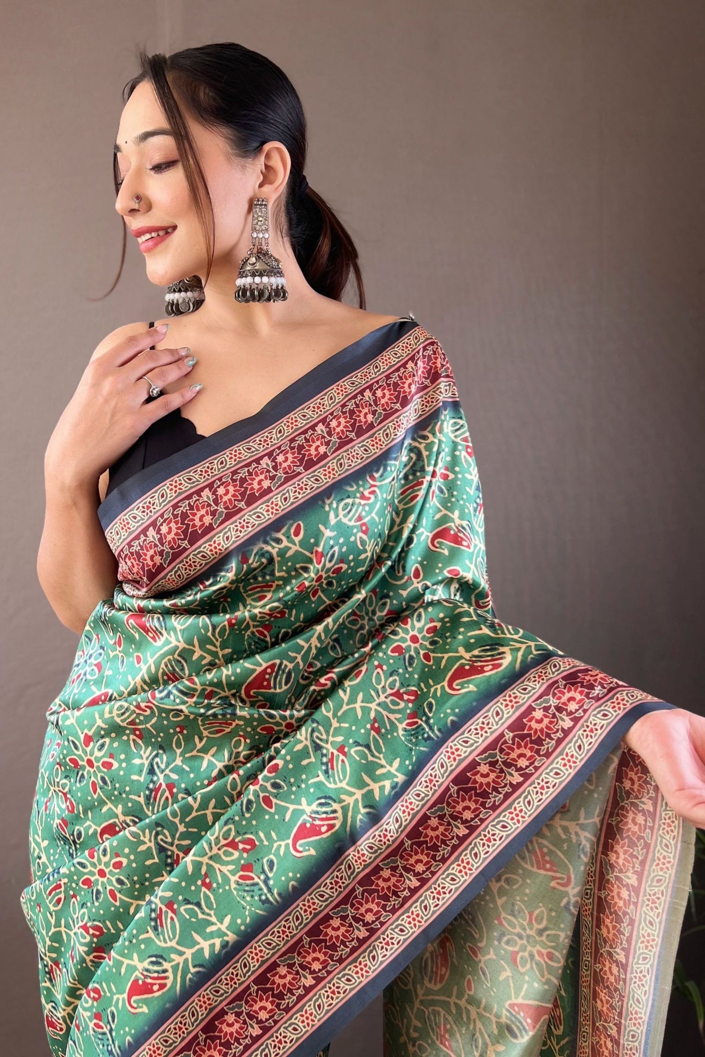 Mint Green Digital Printed Silk Saree