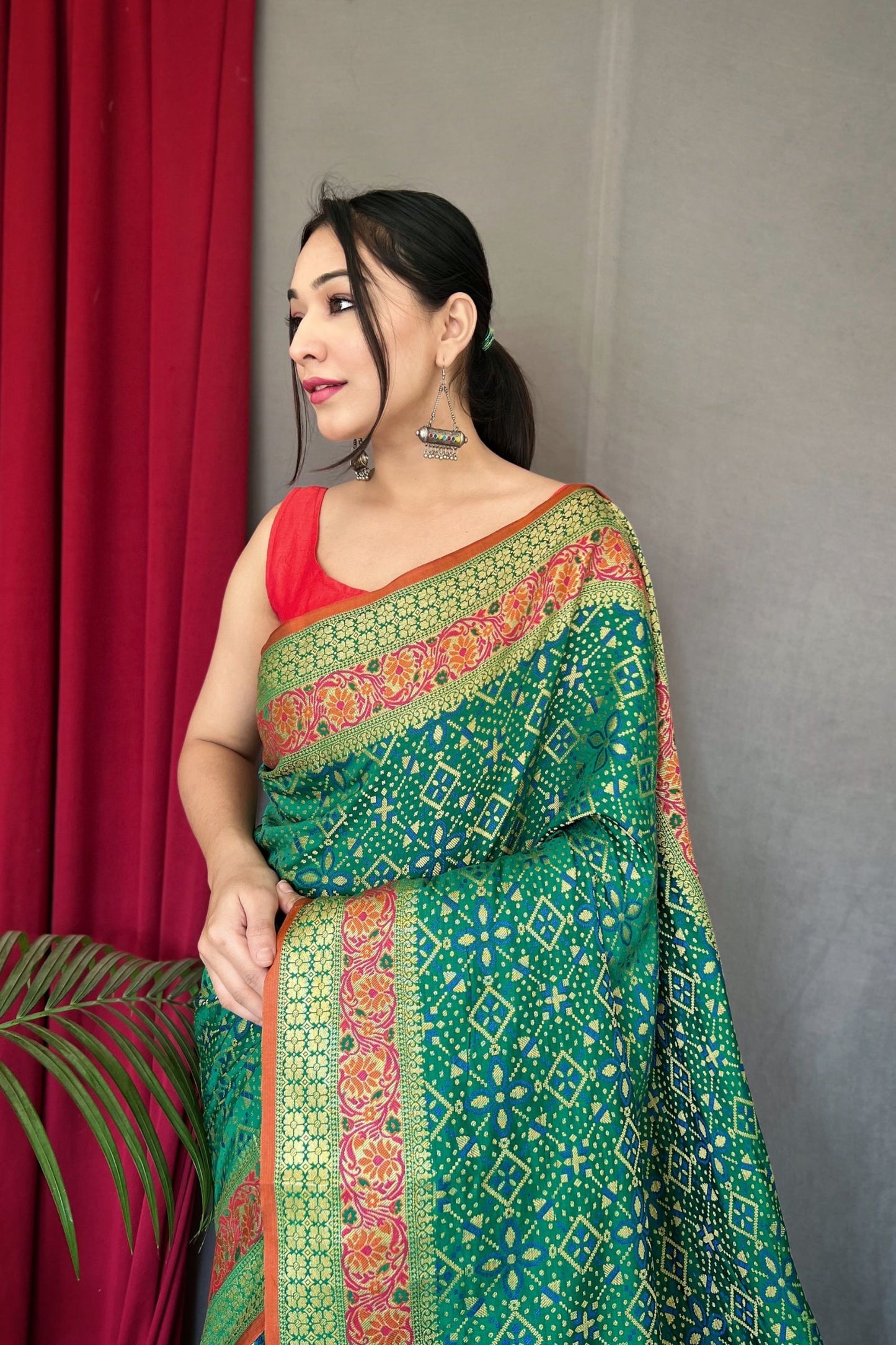 Green Patola Silk Saree with Flower Patola Fusion