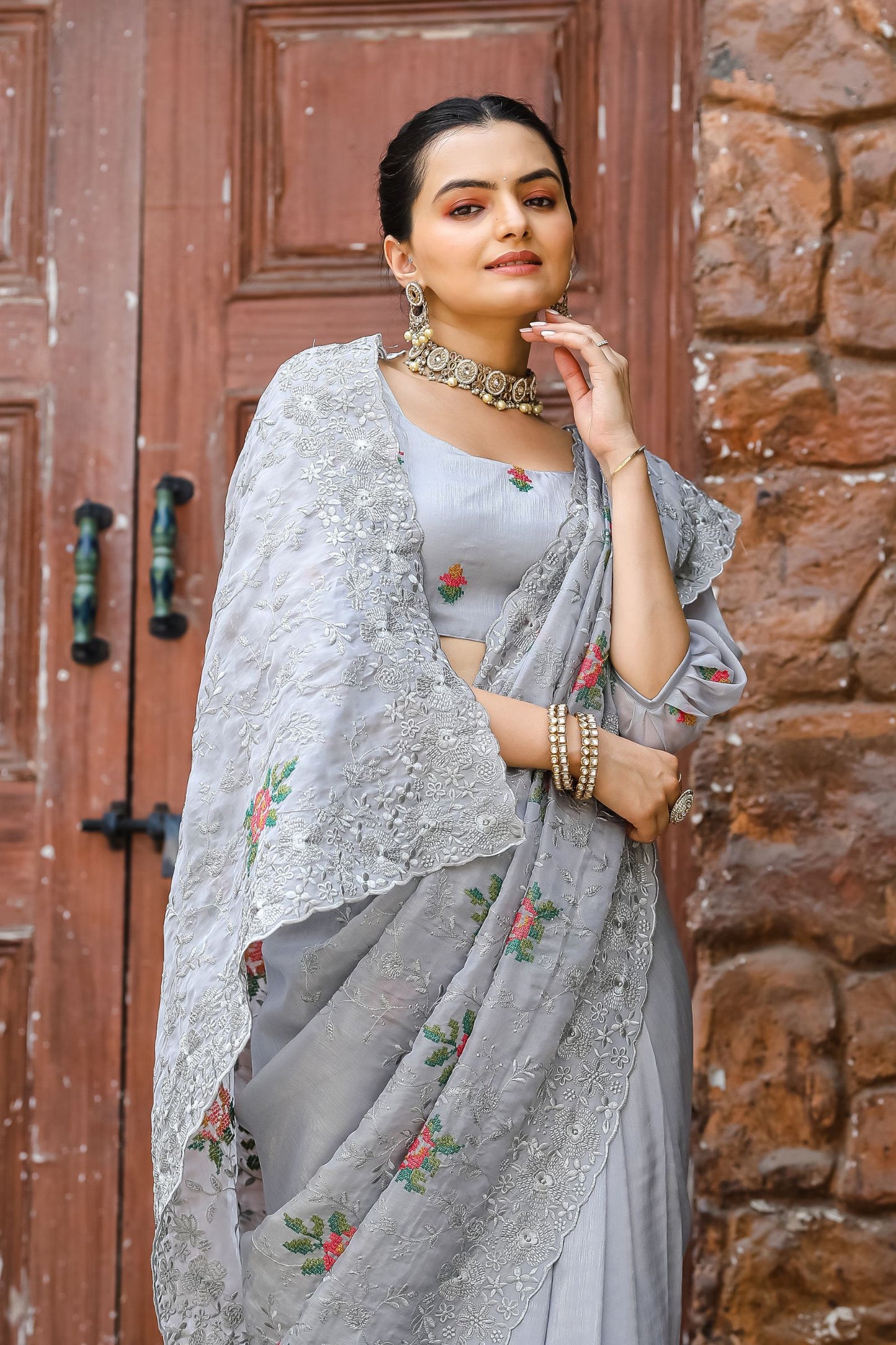 Grey Chiffon Saree with Cross-Stitch Embroidery