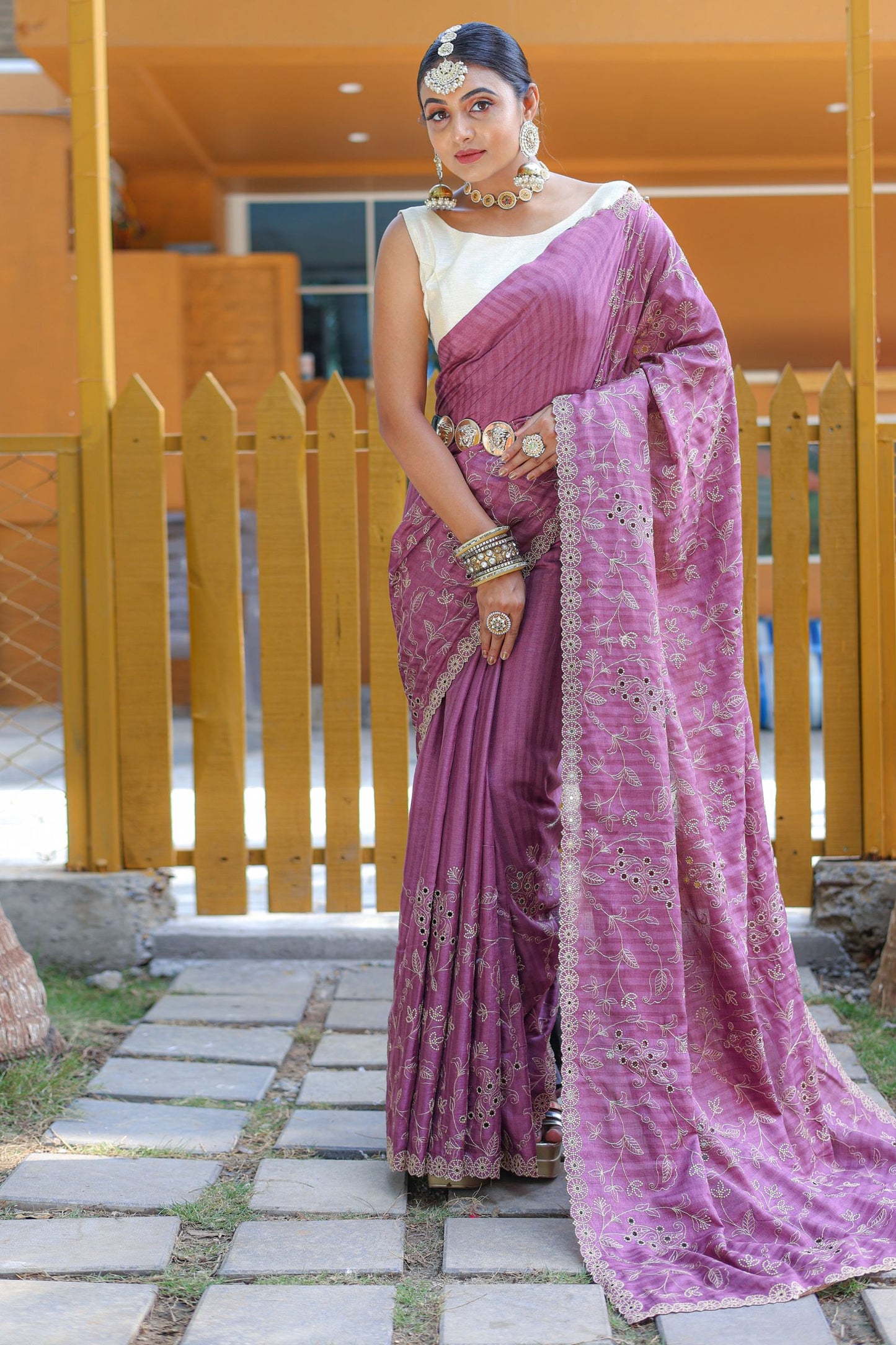 Lavender Threadwork Soft Silk Saree with Cutwork Border