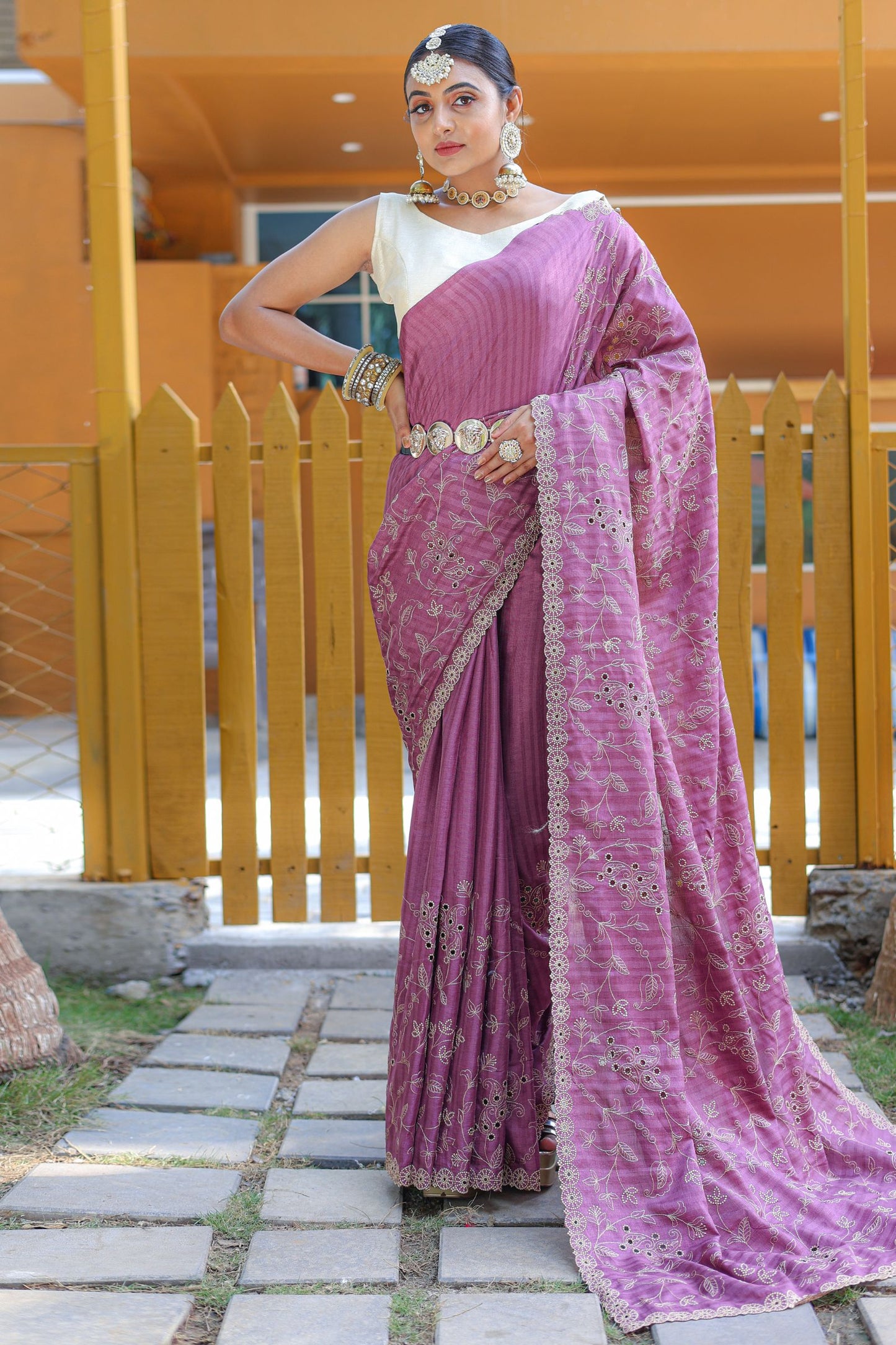 Lavender Threadwork Soft Silk Saree with Cutwork Border