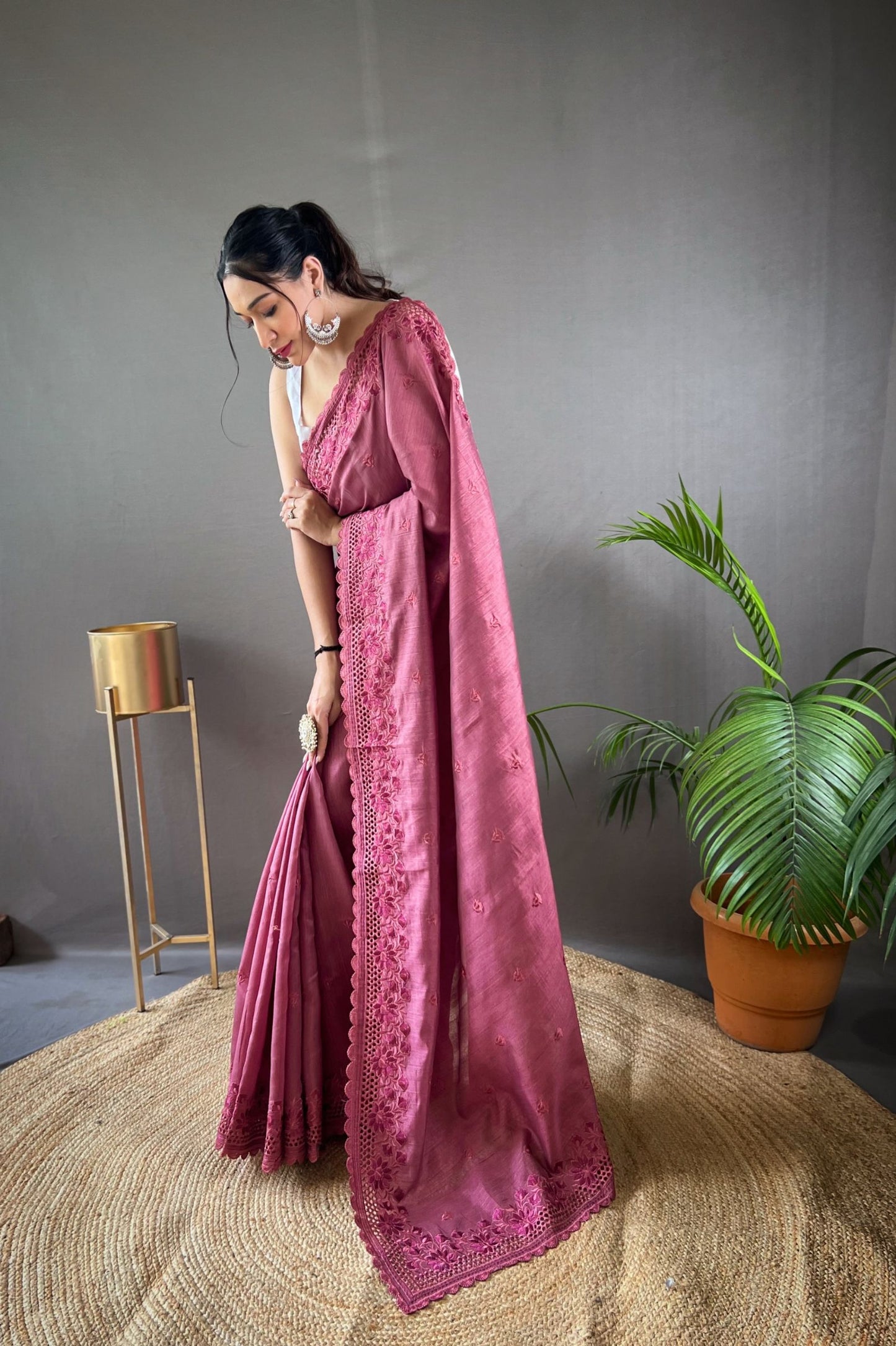 Wine Matka Soft Silk Saree with Floral Cutwork Border