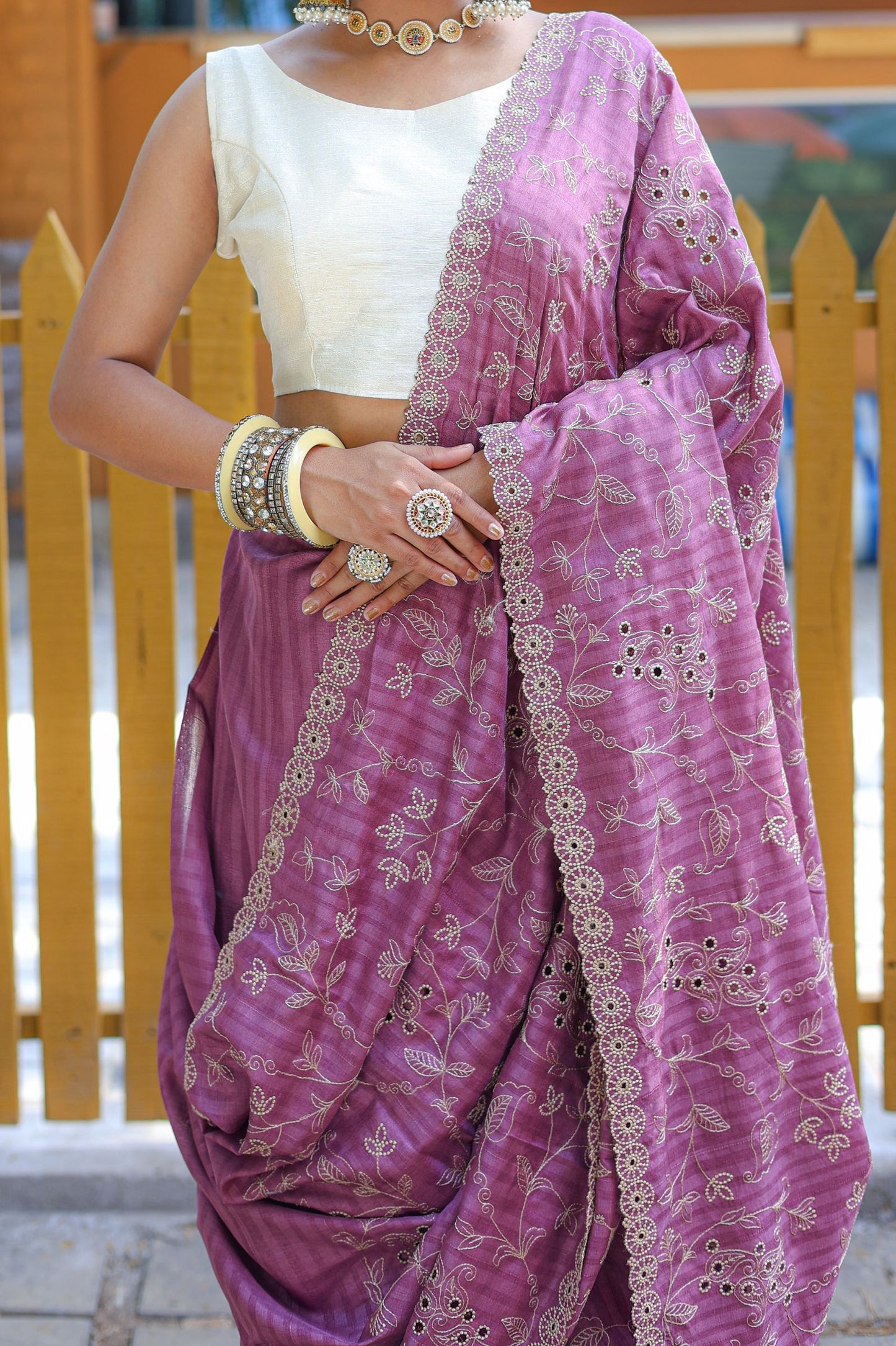 Lavender Threadwork Soft Silk Saree with Cutwork Border