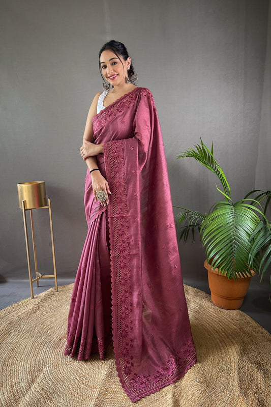 Wine Matka Soft Silk Saree with Floral Cutwork Border