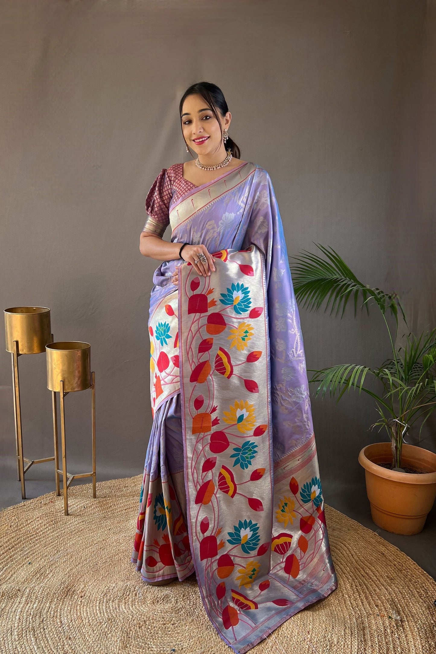 Lavender Soft Paithani Silk Saree with Traditional Patterns