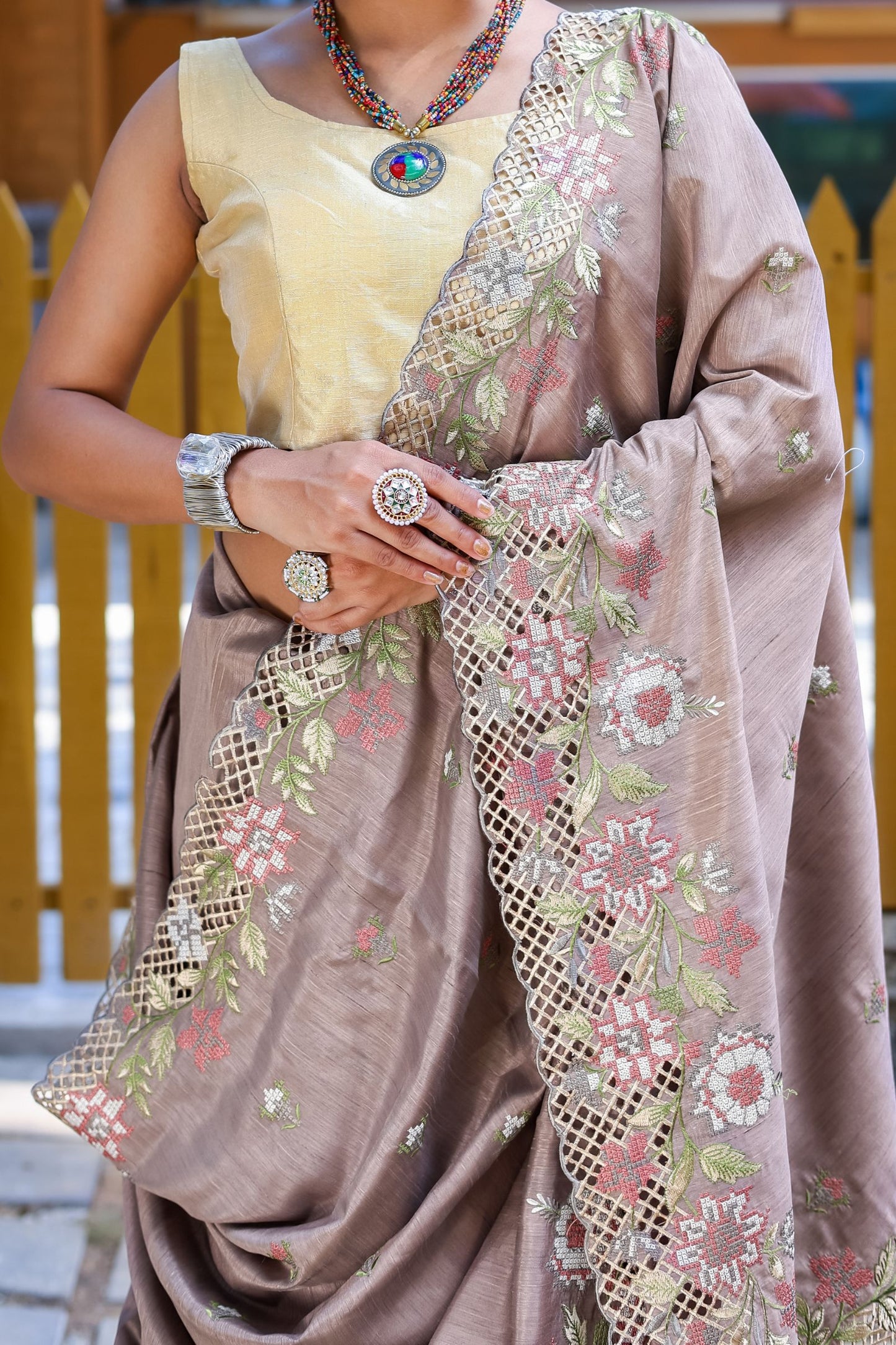 Light Brown Embroidered Pure Mark Silk Saree with Cutwork Border