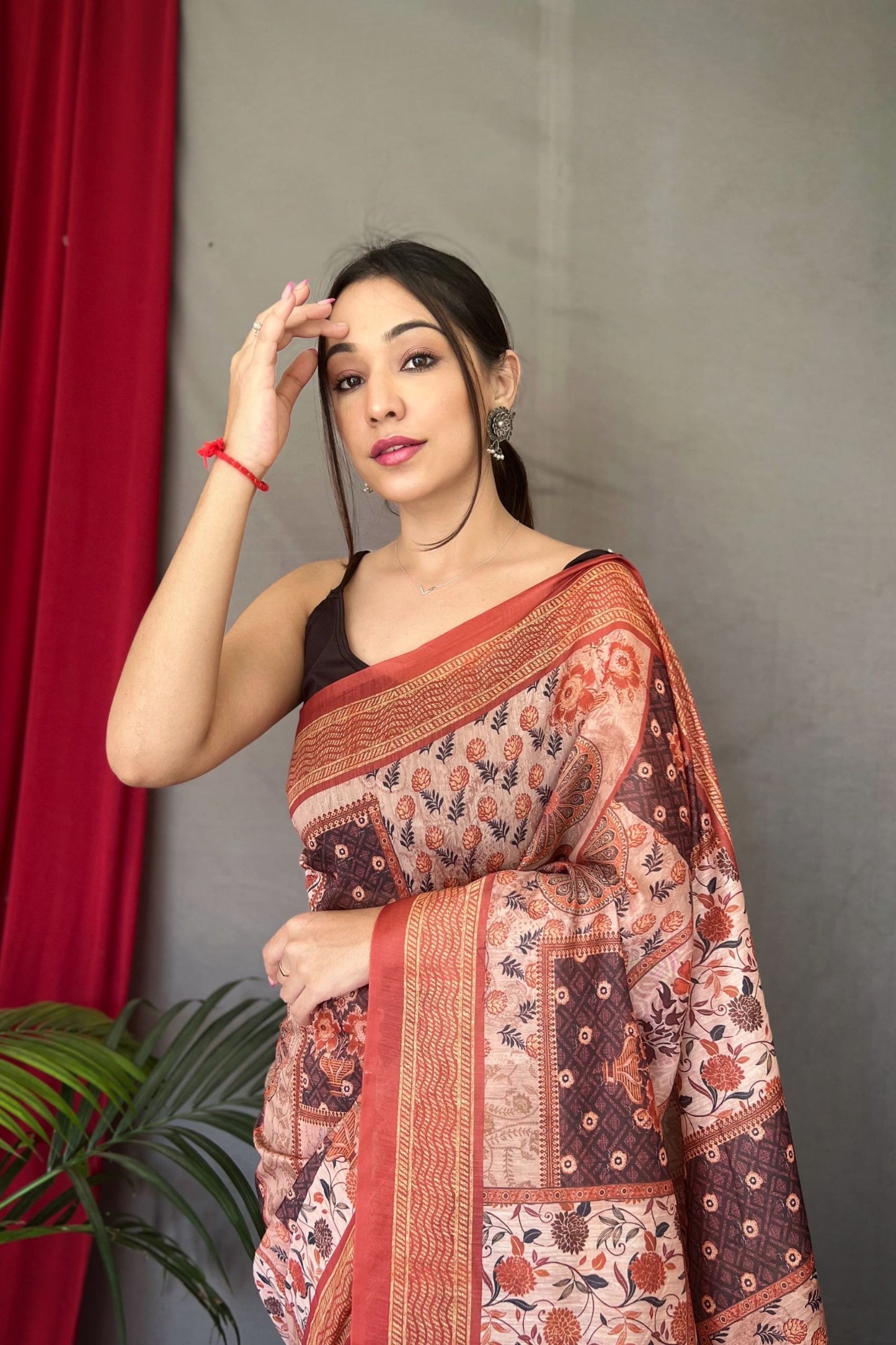 Light Brown Kashmiri Digital Printed Cotton Saree